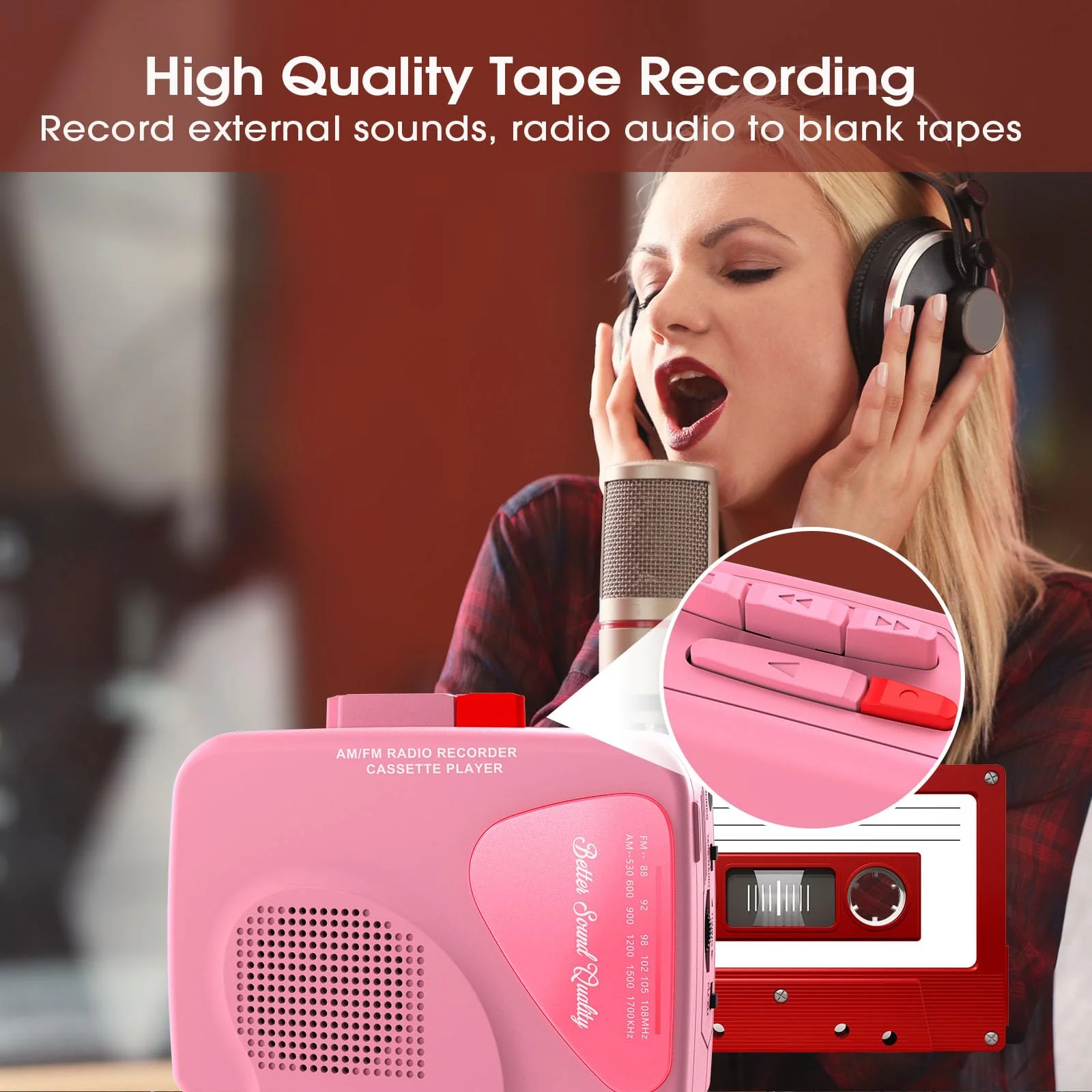 Walkman Cassette Players Recorders AM/FM Radio, Portable Tape Player Records to Tape Built in Speakers Manual Record - 2AA Battery Or DC 5V Supply with 3.5MM Earphone- Pink - Image 4