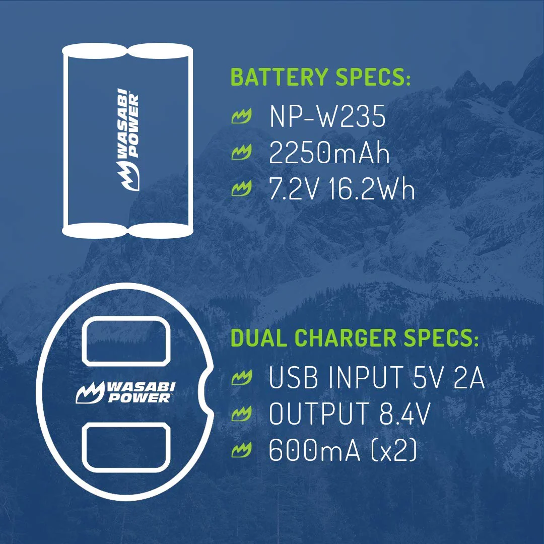 Wasabi Power Battery (2-Pack) & Dual Charger for Fujifilm NP-W235 & Compatible with Fujifilm X-H2S, GFX 50S II, GFX 100S, Fujifilm X-T4, VG-XT4 Vertical Battery Grip - Image 3