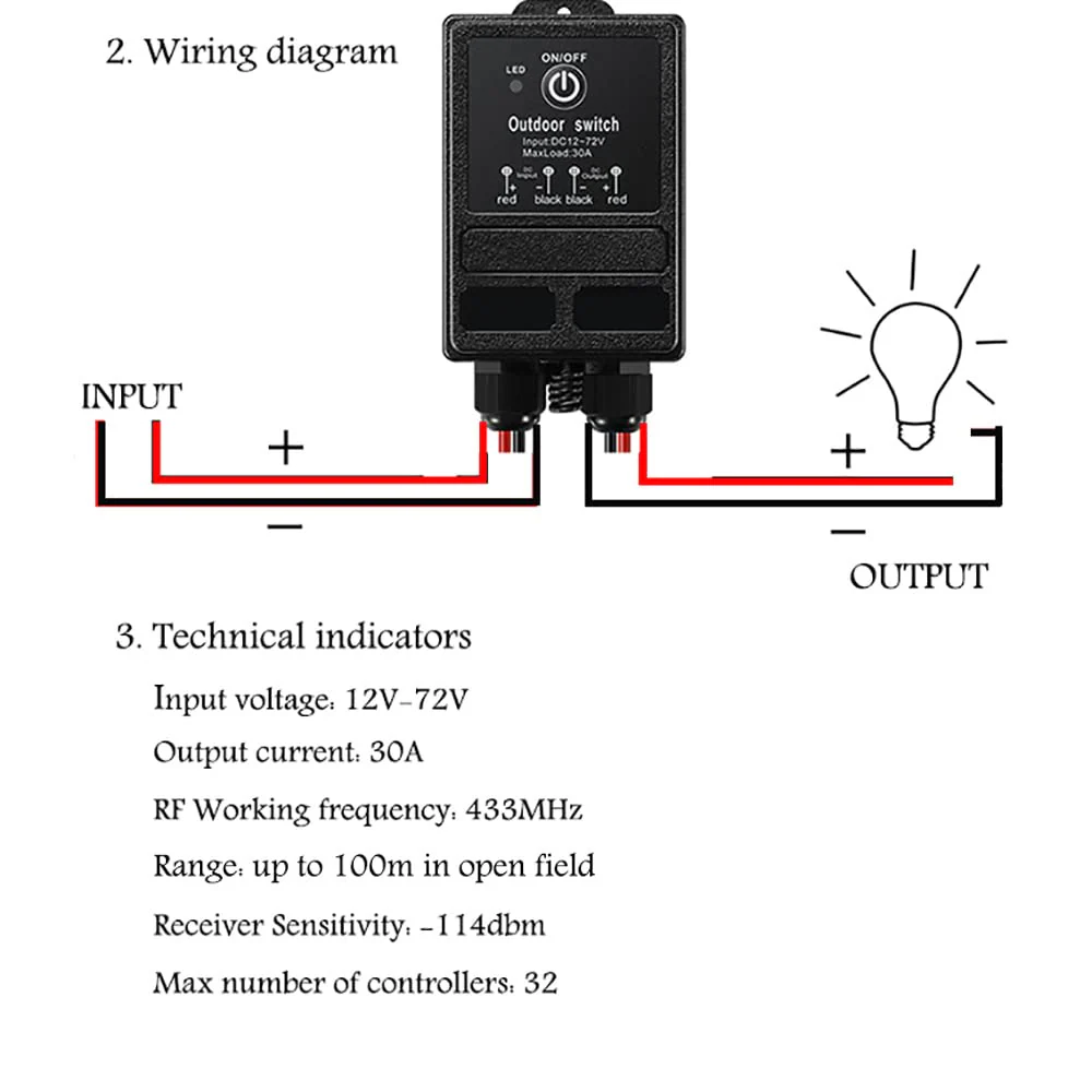 Waterproof Remote Control Relay Switch, 328ft Long Range Wireless Remote Switch,DC 12V-72V Relay RF Remote Control Switches for Outdoor Light - Image 2
