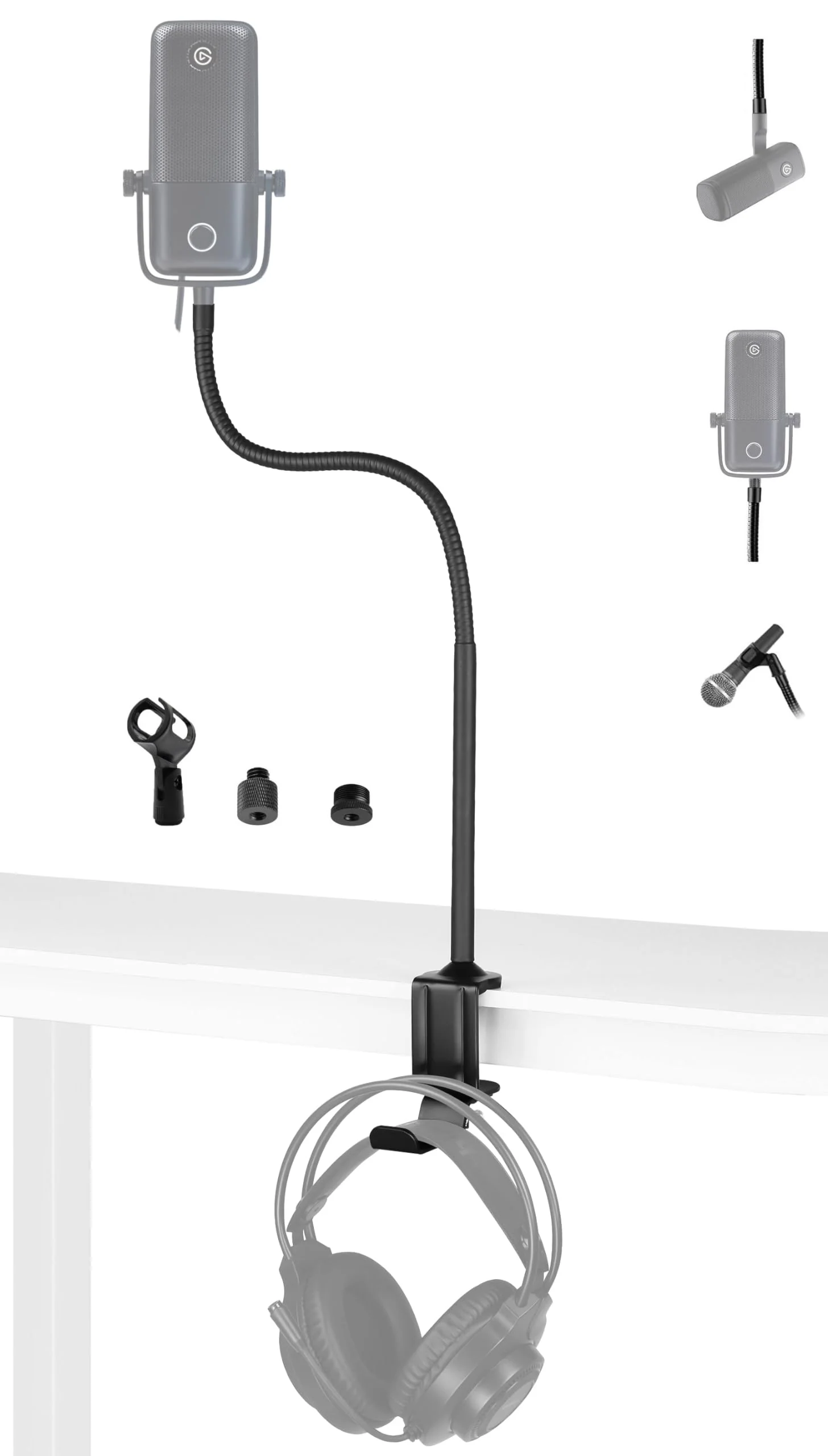 Wave 3 Microphone Arm Stand, 24 Inch Clamp Mount Swivel Holder With Headphone Hook Compatible With Elgato Wave 3, DX USB Microphones - Mic Stand With 1/4 Thread, Clip and 3/8, 5/8 Adapter