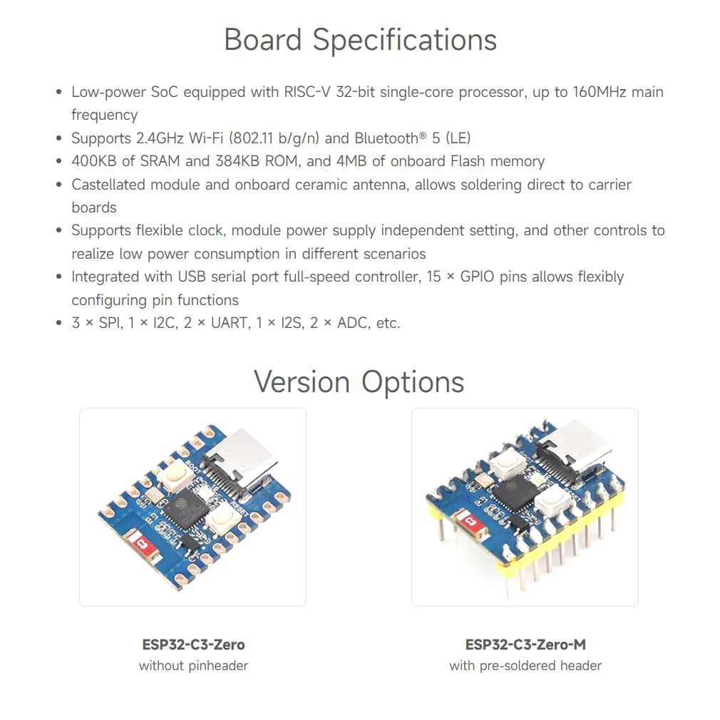 Waveshare ESP32-C3 Mini Development Board, Based On ESP32-C3FN4 Single-Core Processor, 160MHz Running Frequency, 2.4GHz Wi-Fi & Bluetooth 5 with Pre-soldered Header - Image 4