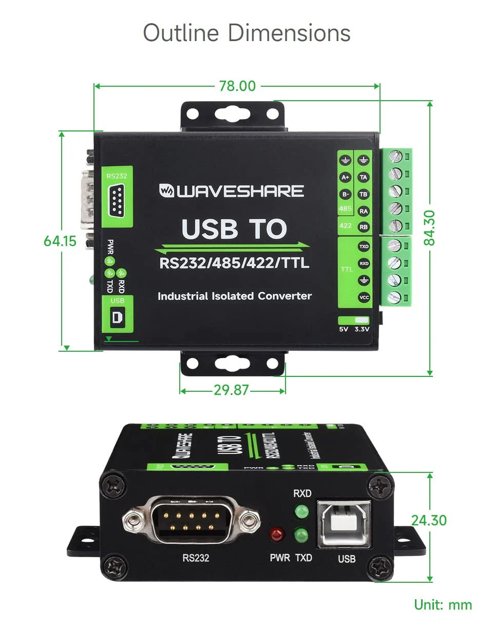 waveshare FT232RNL USB to RS232/485/422/TTL Interface Converter, Industrial Isolation - Image 8