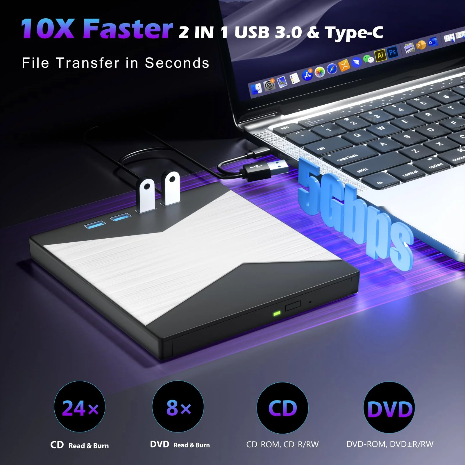 Wbacon External CD/DVD Drive for Laptop, DVD Player for Laptop, 8 in 1 Ultra-Slim CD Burner with 4 USB Ports and 2 TF/SD Card Slots, External Disk Drive Optical Compatible with Desktop Mac Windows - Image 2