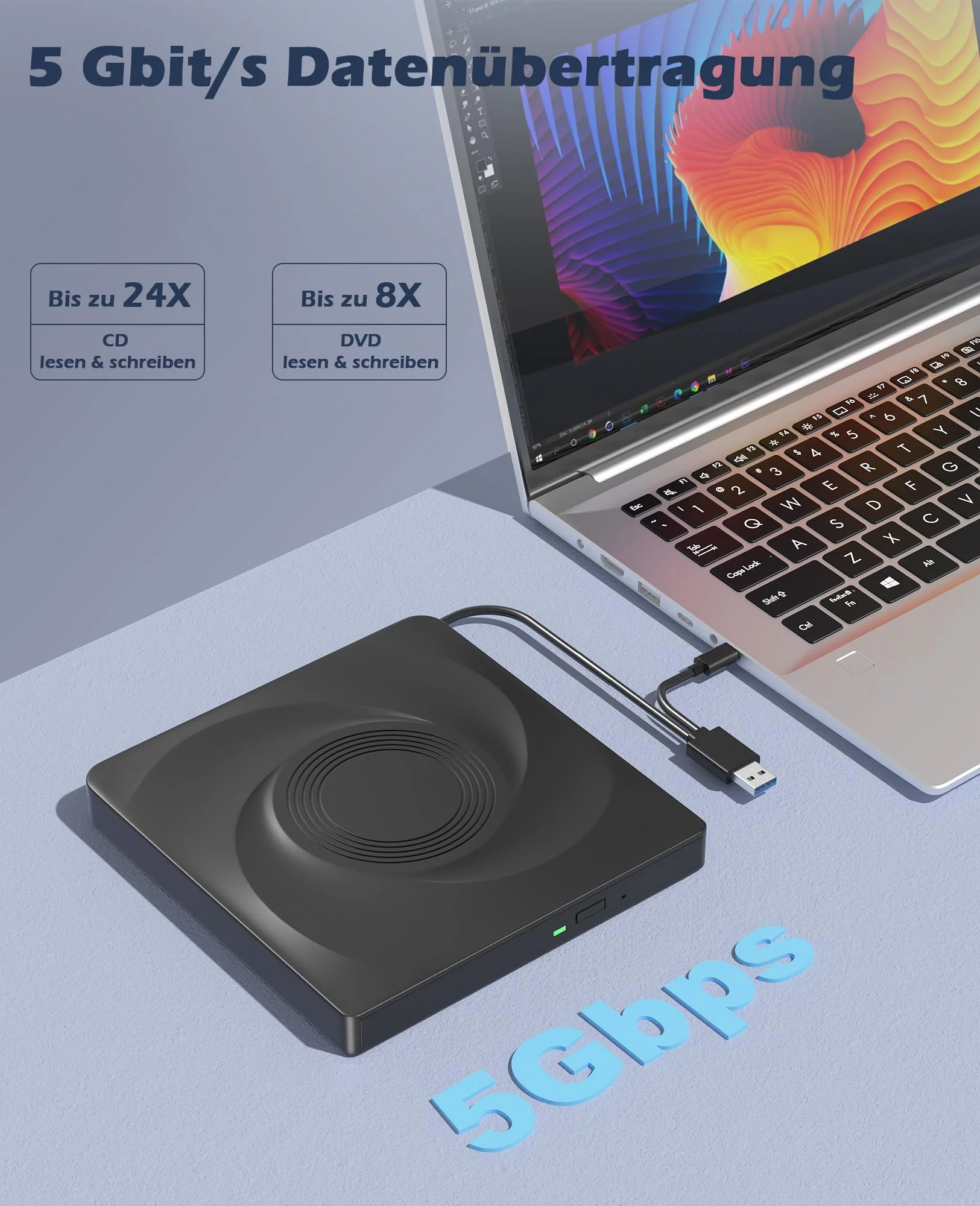 Wbacon External CD/DVD Drive for Laptop External DVD Drive, DVD Player Portable CD Reader for Laptop, CD Burner Compatible with PC Windows 11/10//7 Linux Mac OS Black - Image 2