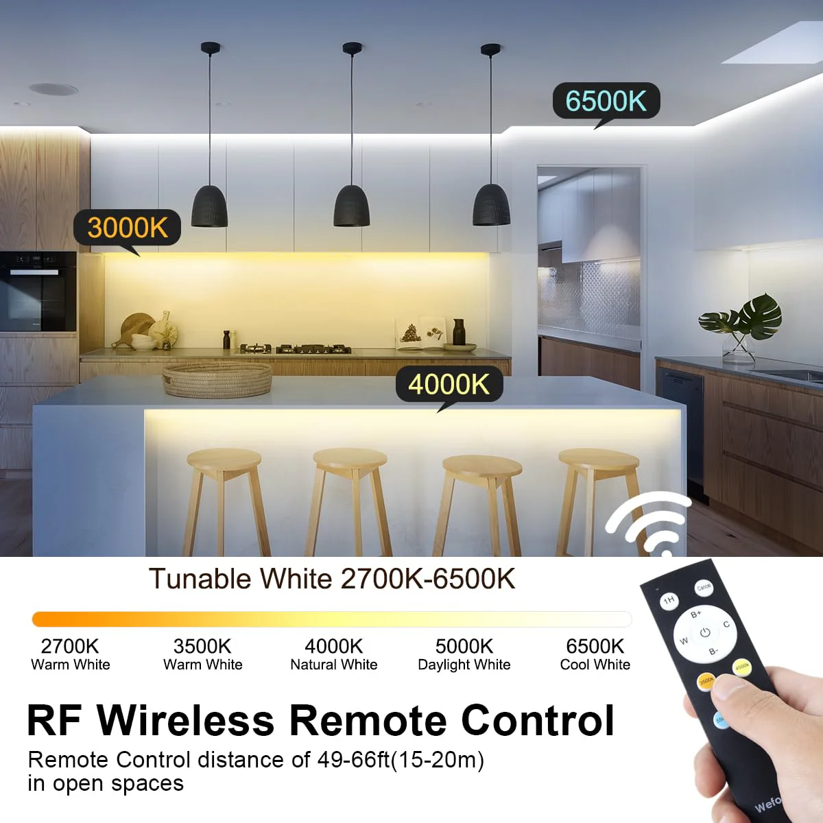 Wefomey COB LED Strip Light White, 16.5ft Dimmable 2700K-6500K High Density 3100LEDs 24V Flexible LED Tape Light with Remote and APP Control, for Under Cabinet Bedroom Kitchen DIY Lighting 16.4FT - Image 3