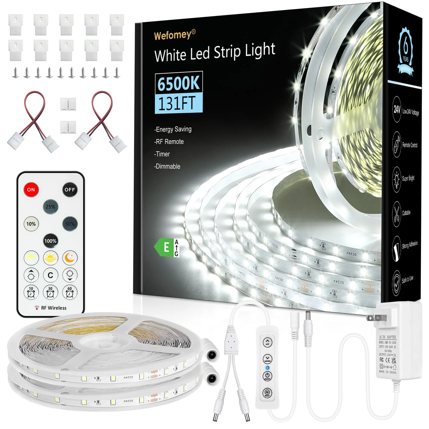 Wefomey White LED Strip Lights, 131ft Dimmable 24V LED Lights Strip 6500K Bright Daylight White, Flexible Tape Lights for Bedrooms, Kitchen, Cabinet, Christmas Decor, 2 Rolls of 65.6ft 6500K Daylight White