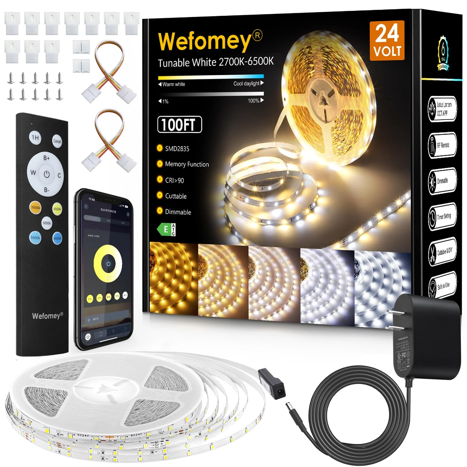 Wefomey White LED Strip Lights, Upgraded 100ft Dimmable 2700K-6500K Bright 24V LED Light Strip with Remote and App Control, 1440 LEDs Flexible Tape Lights for Living Room, Bedroom, Kitchen, Ceiling 100FT/2700K-6500K Tunable White