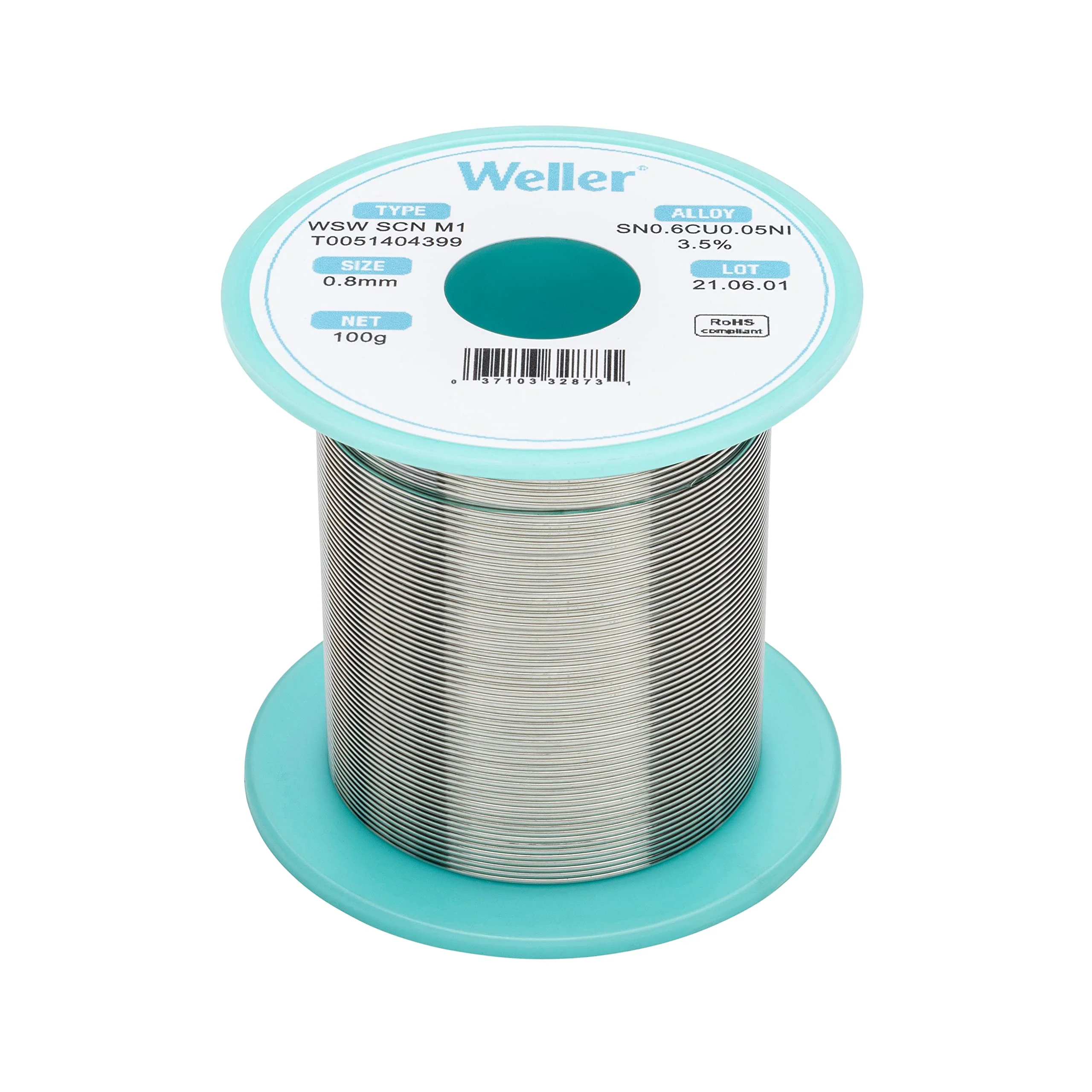Weller WSW SCN M1 (T0051404399) Lead Free Solder Wire, Dia: 0.8 mm / 0.039 in, Wt: 100 g / 3.527 oz, Alloy Sn99.3Cu0.6Ni0.05, Flux content 3.5%