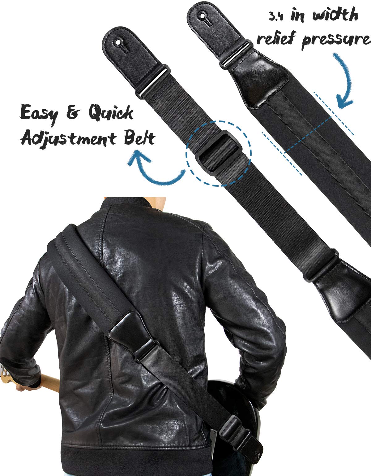 Wepop Guitar Strap Elastic Soft Comfortable Neoprene Leather 3.4in Bass Acoustic Electric Guitar (391) Black-391 - Image 3