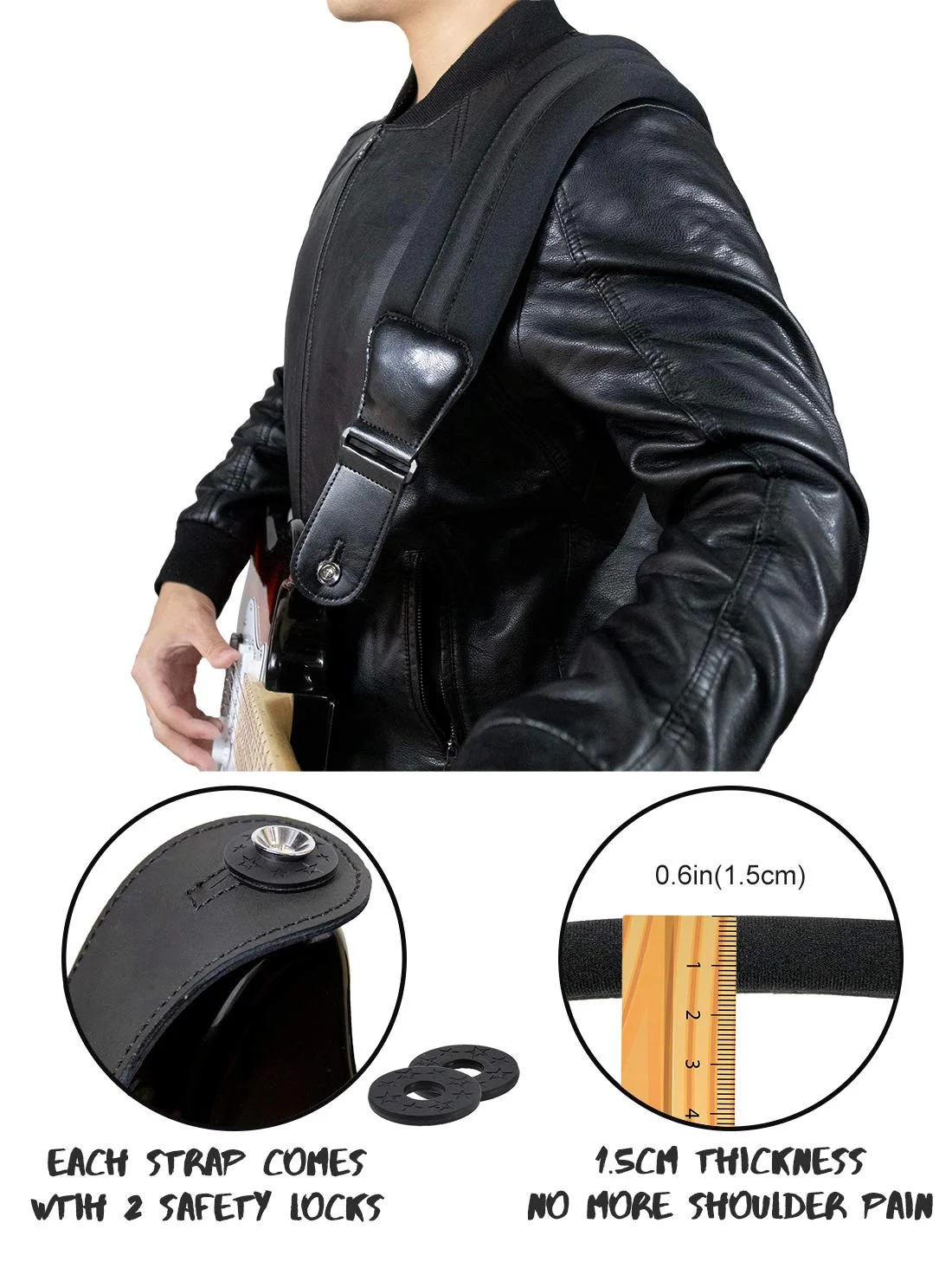 Wepop Guitar Strap Elastic Soft Comfortable Neoprene Leather 3.4in Bass Acoustic Electric Guitar (391) Black-391 - Image 5