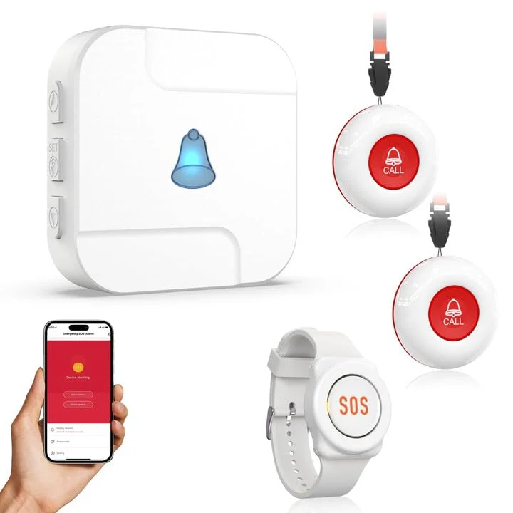WiFi Caregiver Pager System with Emergency Button for Elderly - 1 SOS Alert Watch + 2 Wireless Call Buttons + 1 Receiver for Seniors Patient Disabled Kids (2.4GHz WiFi, No Monthly Fee) 2+1+1 White 02
