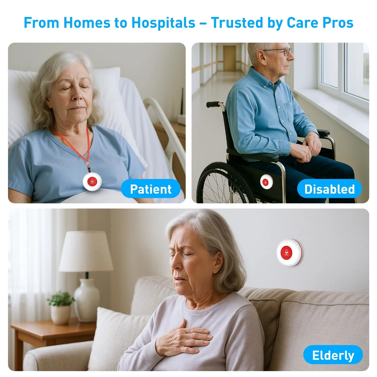 WiFi Caregiver Pager System with Emergency Button for Elderly - 1 SOS Alert Watch + 2 Wireless Call Buttons + 1 Receiver for Seniors Patient Disabled Kids (2.4GHz WiFi, No Monthly Fee) 2+1+1 White 02 - Image 3