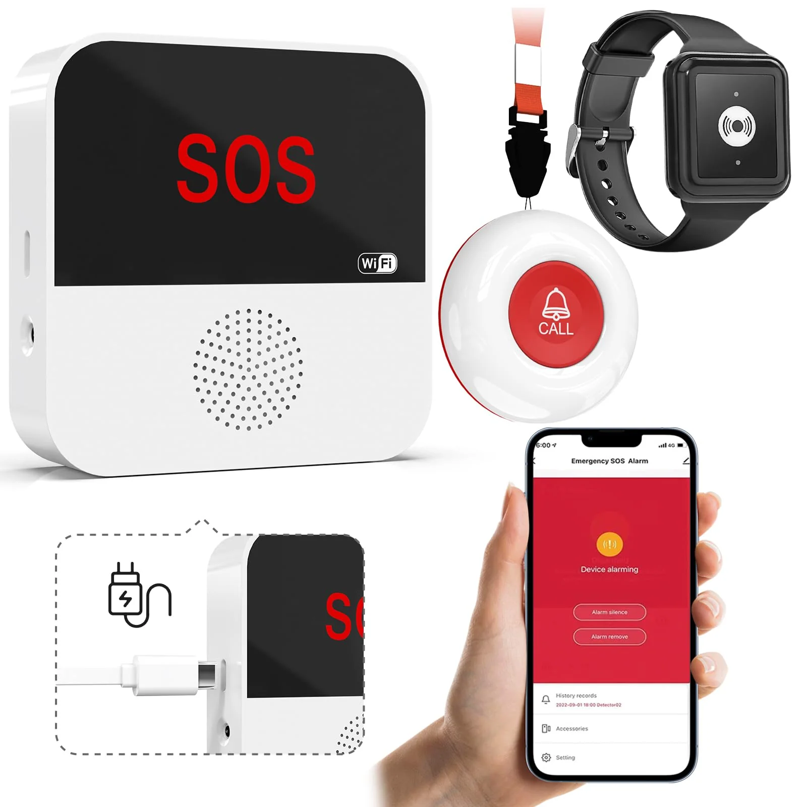 WiFi Rechargable Caregiver Pager Call Button Emergency Alert System Life Alert Button for Seniors Patient Disabled Elderly 1 Call Button 1 Watch Button 1 Receiver(only Supports 2.4GHz Wi-Fi)