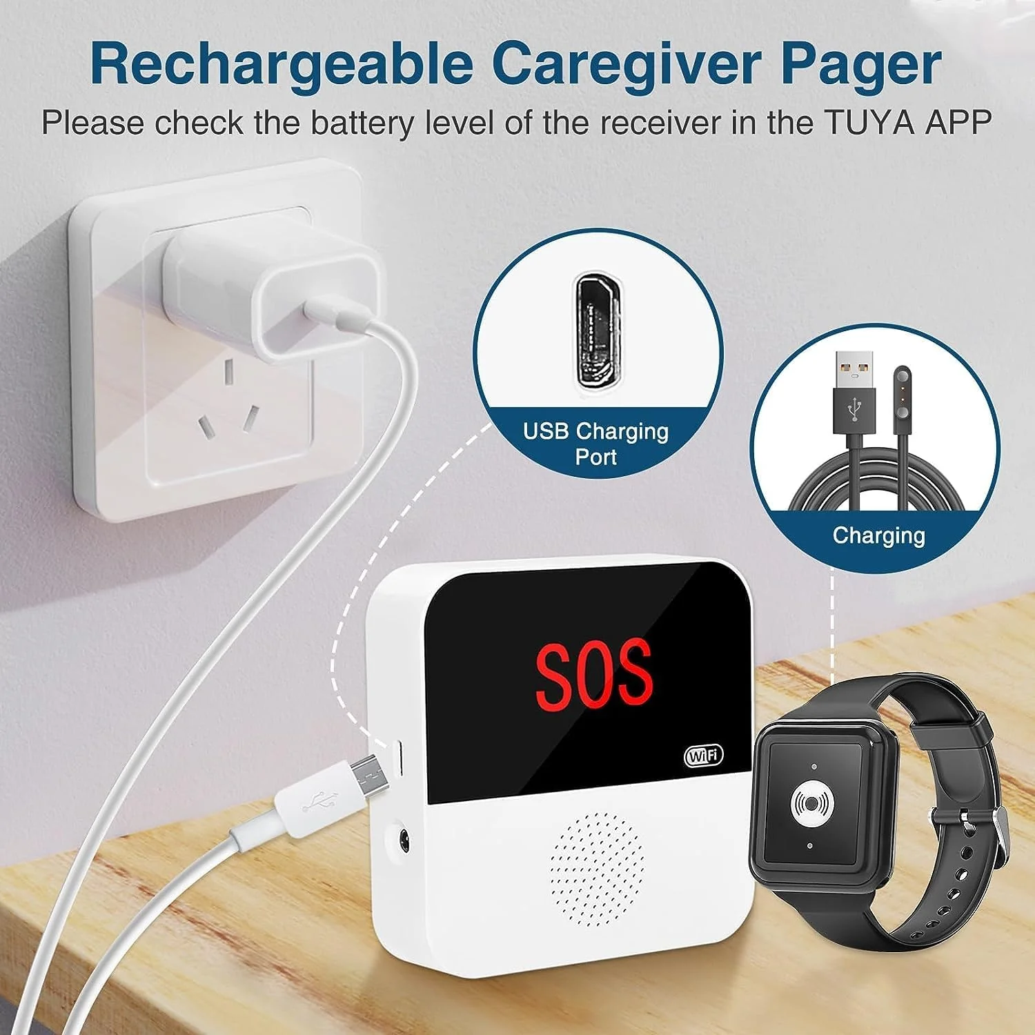 WiFi Rechargable Caregiver Pager Call Button Emergency Alert System Life Alert Button for Seniors Patient Disabled Elderly 1 Call Button 1 Watch Button 1 Receiver(only Supports 2.4GHz Wi-Fi) - Image 4