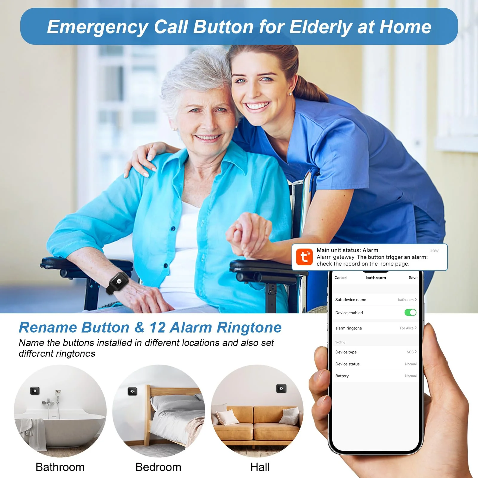 WiFi Rechargable Caregiver Pager Call Button Emergency Alert System Life Alert Button for Seniors Patient Disabled Elderly 1 Call Button 1 Watch Button 1 Receiver(only Supports 2.4GHz Wi-Fi) - Image 8
