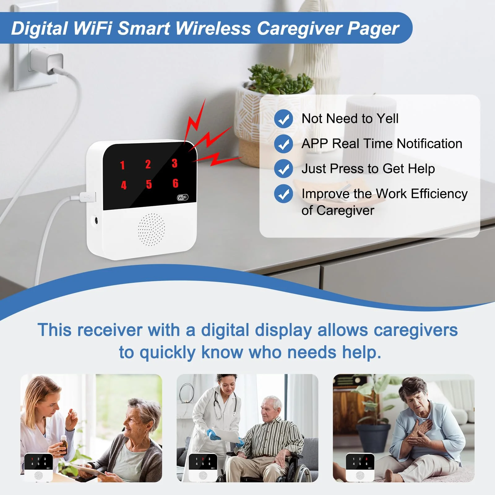 WiFi Smart Wireless Caregiver Pagers for Elderly Alert Button That Calls Cell Phone Caregiver Alert System with LED Number Display 2 SOS Call Button 1 Receiver(Only Supports 2.4GHz & No Monthly Fee) 2 Button & 1 Receiver - Image 2