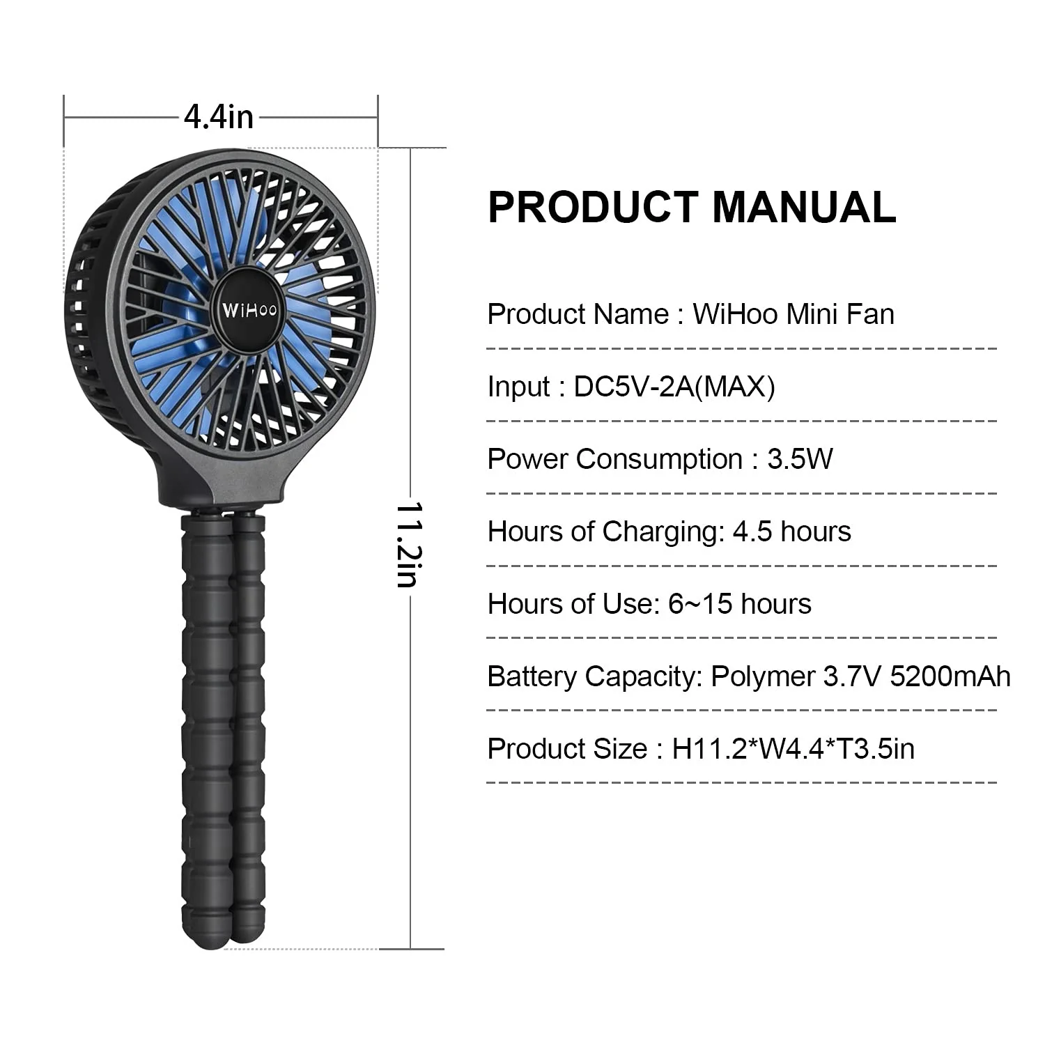 WiHoo Mini Handheld Stroller Fan,5200mAh Personal Portable Fan Car Seat Baby Fan with Flexible Tripod Fix on Stroller,USB or Battery Operated Desk Fan Adjustable 3 Speeds for Camping Stroller Fan Black - Image 2