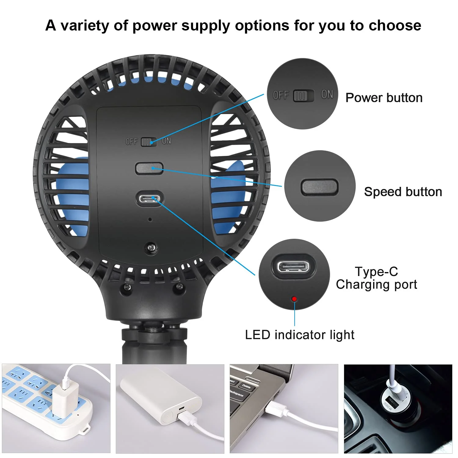 WiHoo Mini Handheld Stroller Fan,5200mAh Personal Portable Fan Car Seat Baby Fan with Flexible Tripod Fix on Stroller,USB or Battery Operated Desk Fan Adjustable 3 Speeds for Camping Stroller Fan Black - Image 3