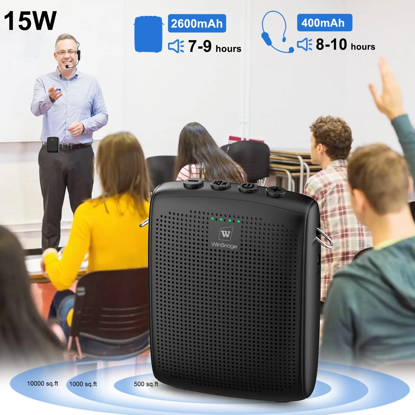 WinBridge Bluetooth Voice Amplifier for Teachers, Wireless Voice Amplifier with Bluetooth Headset Microphone, Portable Megaphone Speaker Headset System, Teacher Must Haves 15W WB002 - Image 3