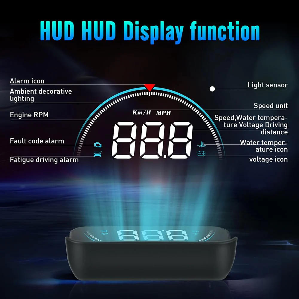 Windshield Head Up Display for Cars, OBD2 Head Up Display Digital Speedometer for Car HUD Projector Car Speedometer Display with RPM, Volt, Water Temp, Mileage, Overspeed Alarm, Fatigue Driving Alarm - Image 2