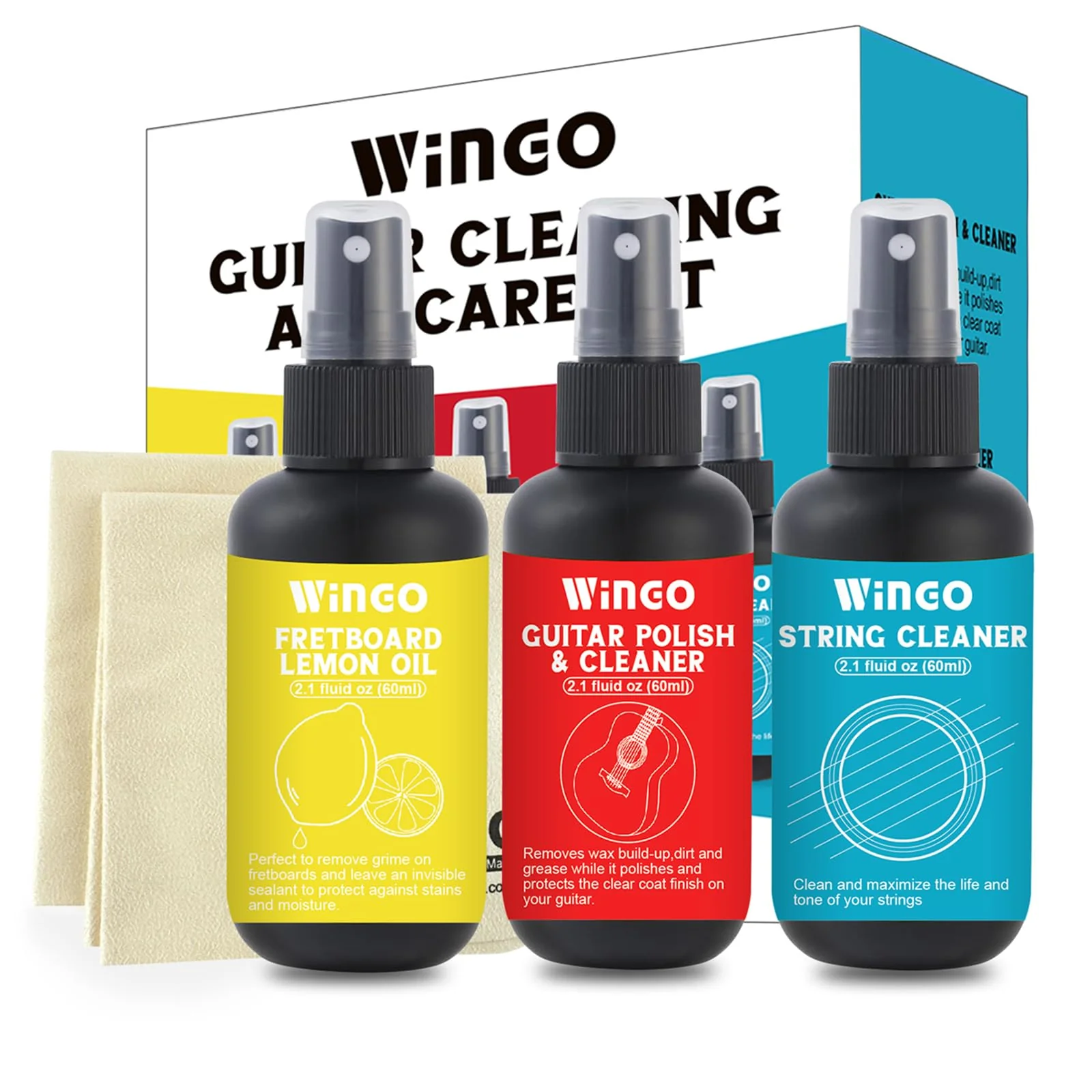 WINGO Guitar Cleaning and Care Kit, Polish and Cleaner, fretboard Lemon oil, Guitar String-cleaner, Cleaning cloth for guitar cleaning and maintenance