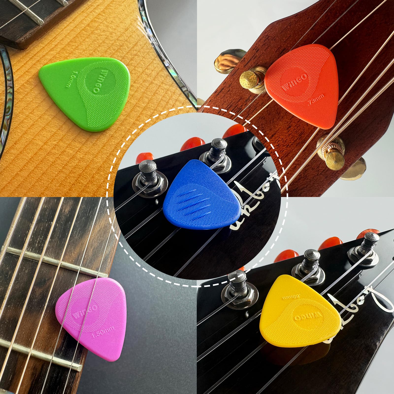 WINGO Guitar Picks with Grip Stamped, Non Slip Picks 5 Pack (073, 088, 1.0, 1.25, 1.5mm) for Acoustic Electric Guitar Bass Multicolor - Image 2