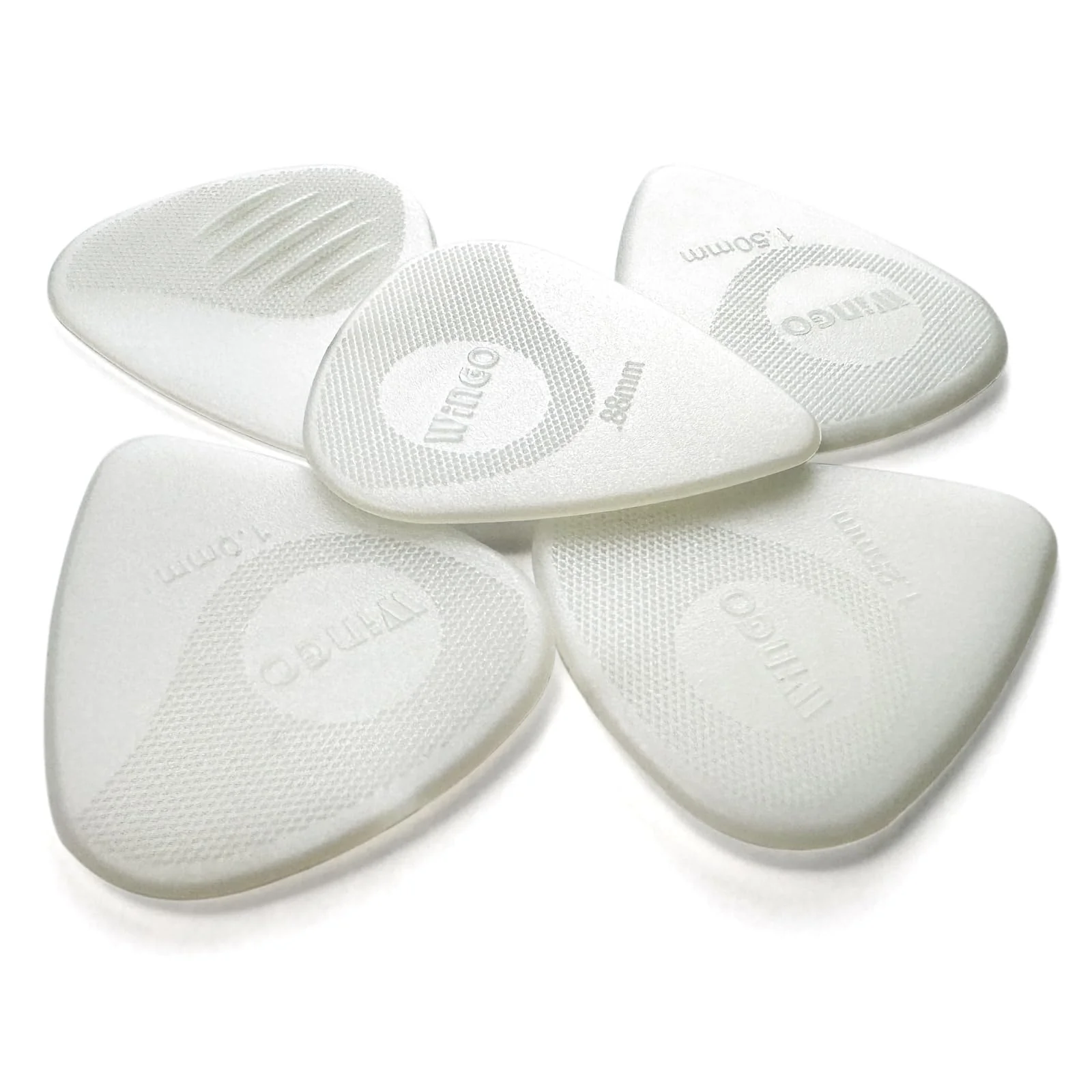 WINGO Guitar Picks with Grip Stamped, Non Slip Picks 5 Pack (073, 088, 1.0, 1.25, 1.5mm) for Acoustic Electric Guitar Bass- White Color.