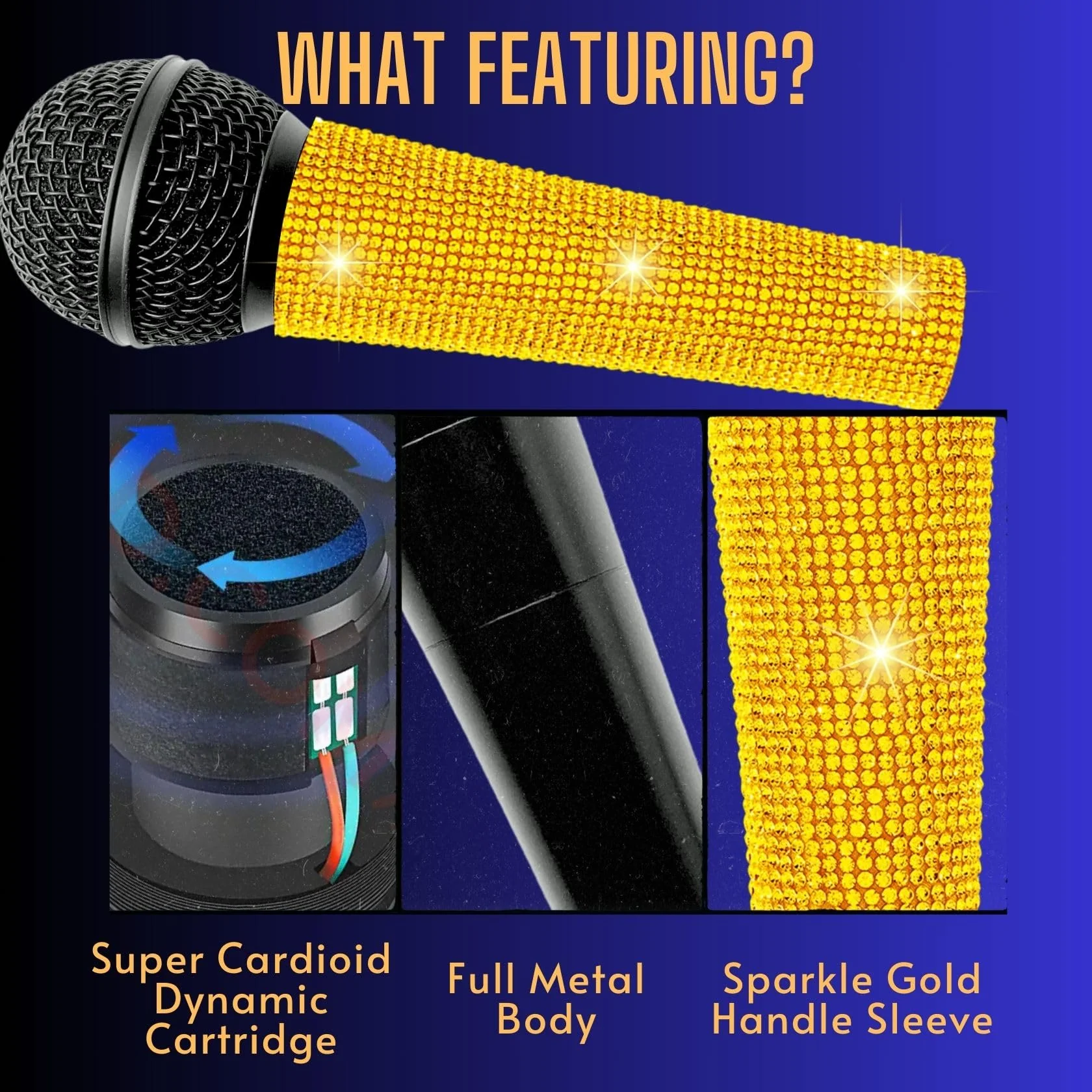 Wired Microphone Karaoke for Singing, Sparkly Gold Vocal Dynamic Mic with Cable - Image 2