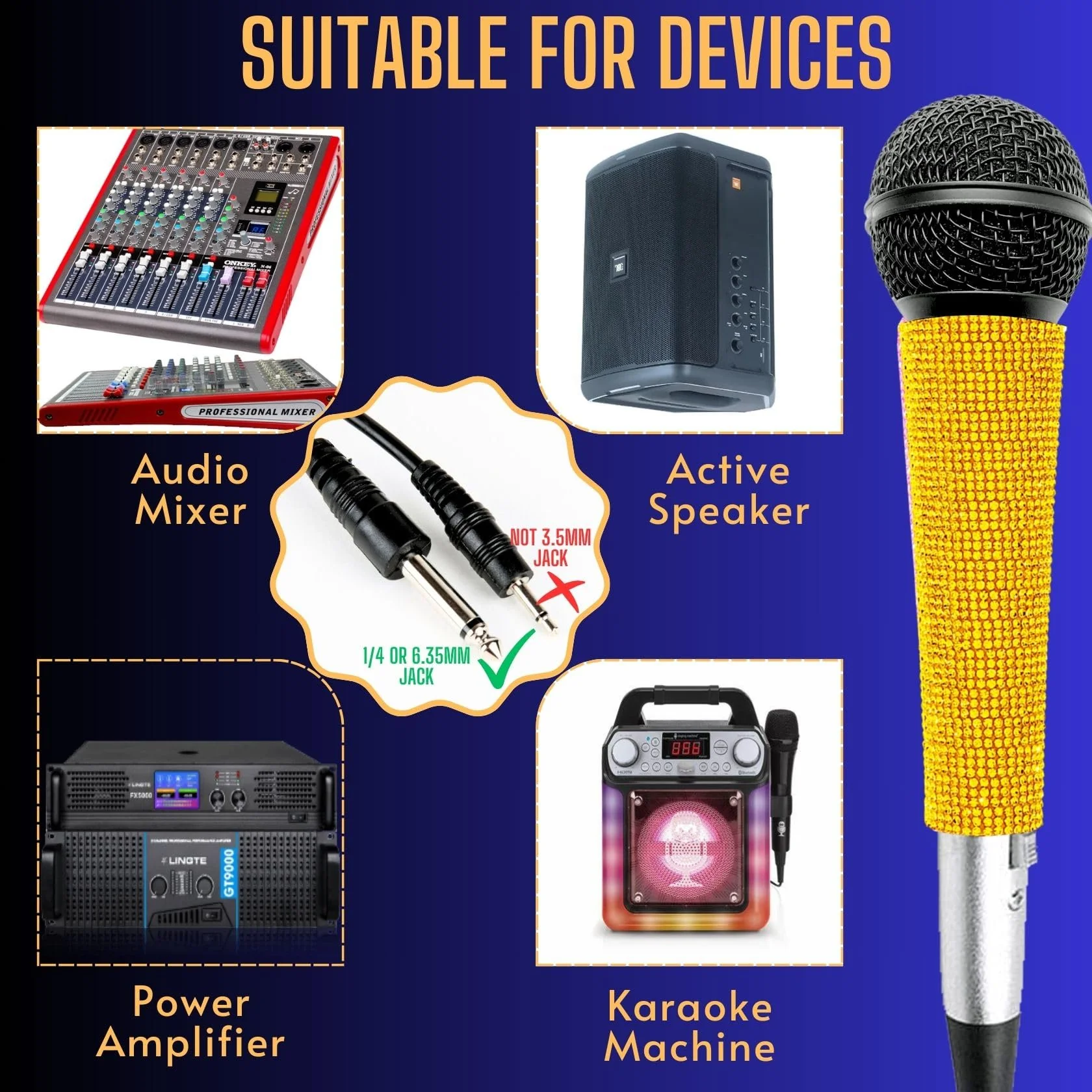 Wired Microphone Karaoke for Singing, Sparkly Gold Vocal Dynamic Mic with Cable - Image 3