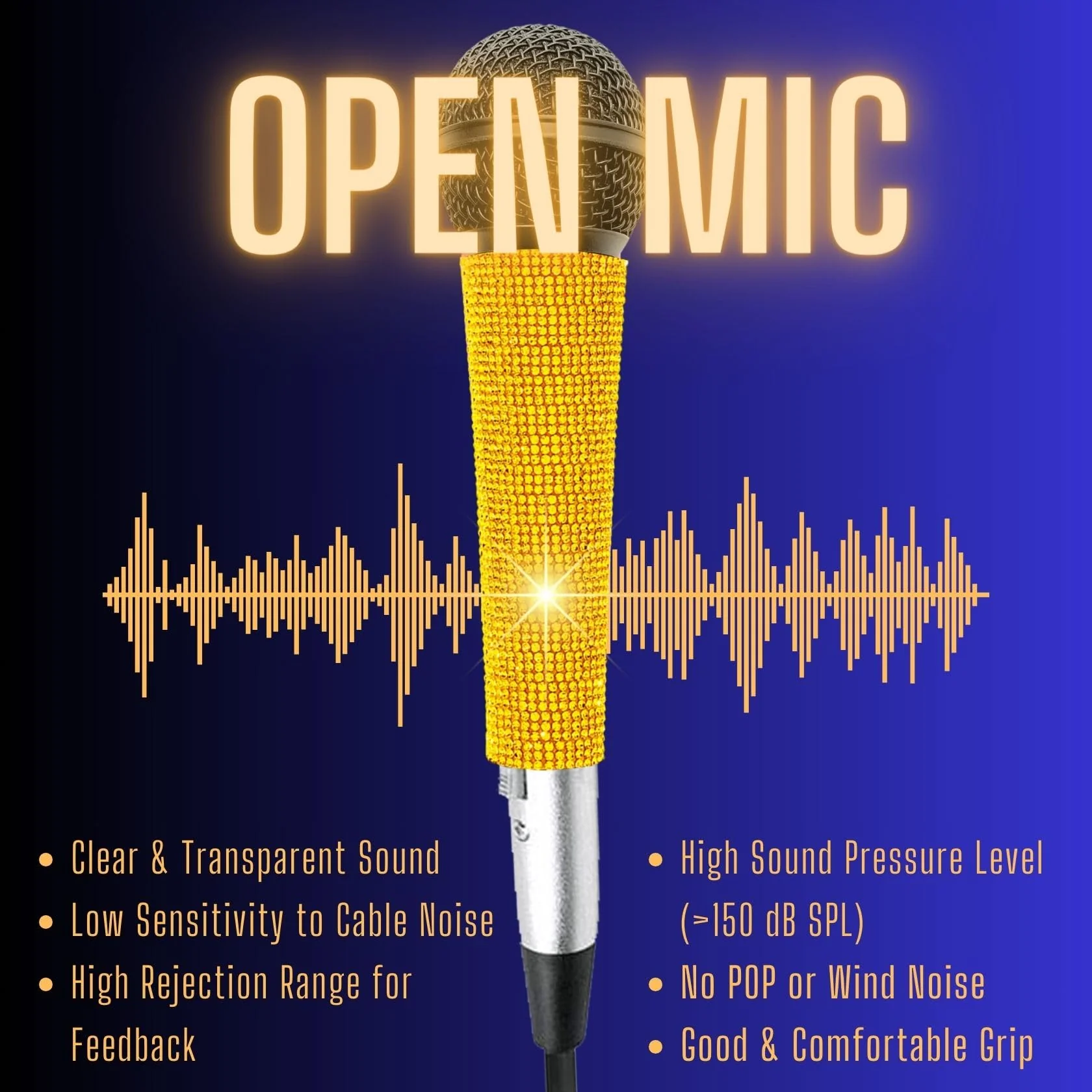 Wired Microphone Karaoke for Singing, Sparkly Gold Vocal Dynamic Mic with Cable - Image 4