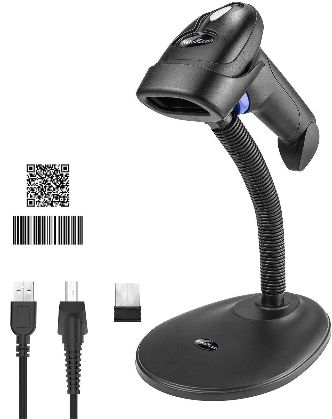 Wireless 1D 2D Barcode Scanner with Stand, NetumScan Portable Automatic QR Code Scanner Supports Screen Scan Handheld CMOS Image Bar Code Reader with USB Receiver for Warehouse POS and Computer 1D & 2D Barcode Scanner