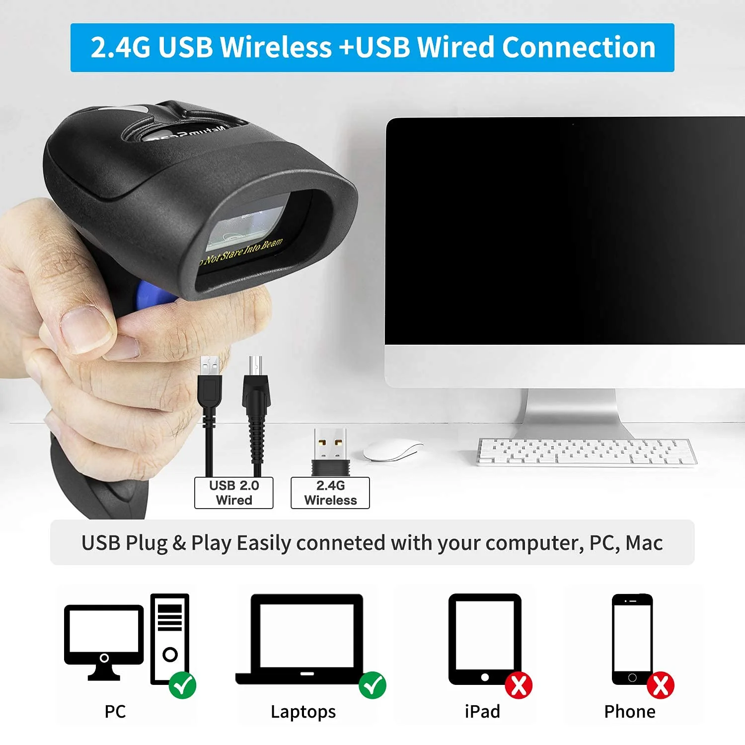 Wireless 1D 2D Barcode Scanner with Stand, NetumScan Portable Automatic QR Code Scanner Supports Screen Scan Handheld CMOS Image Bar Code Reader with USB Receiver for Warehouse POS and Computer 1D & 2D Barcode Scanner - Image 2