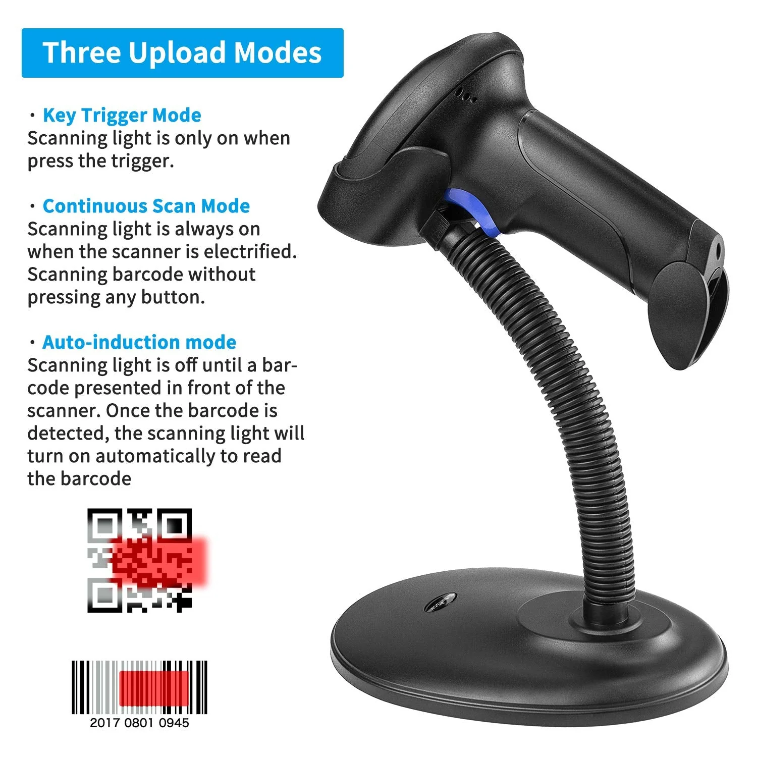 Wireless 1D 2D Barcode Scanner with Stand, NetumScan Portable Automatic QR Code Scanner Supports Screen Scan Handheld CMOS Image Bar Code Reader with USB Receiver for Warehouse POS and Computer 1D & 2D Barcode Scanner - Image 3