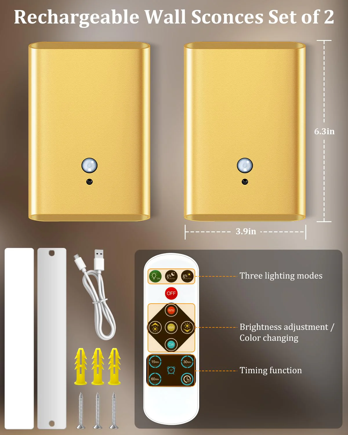 Wireless Adhesive Motion Sensor Wall Light with Remote, 6000mAh Battery Operated 300LM 3CCT Dimmable & Timer - Cordless Wall Sconce for Stair Hallway Bedroom Closet Gold for Renters Elderly Pet Owners 2-Pack Gold Motion Sensor Wall Sconces - Image 5