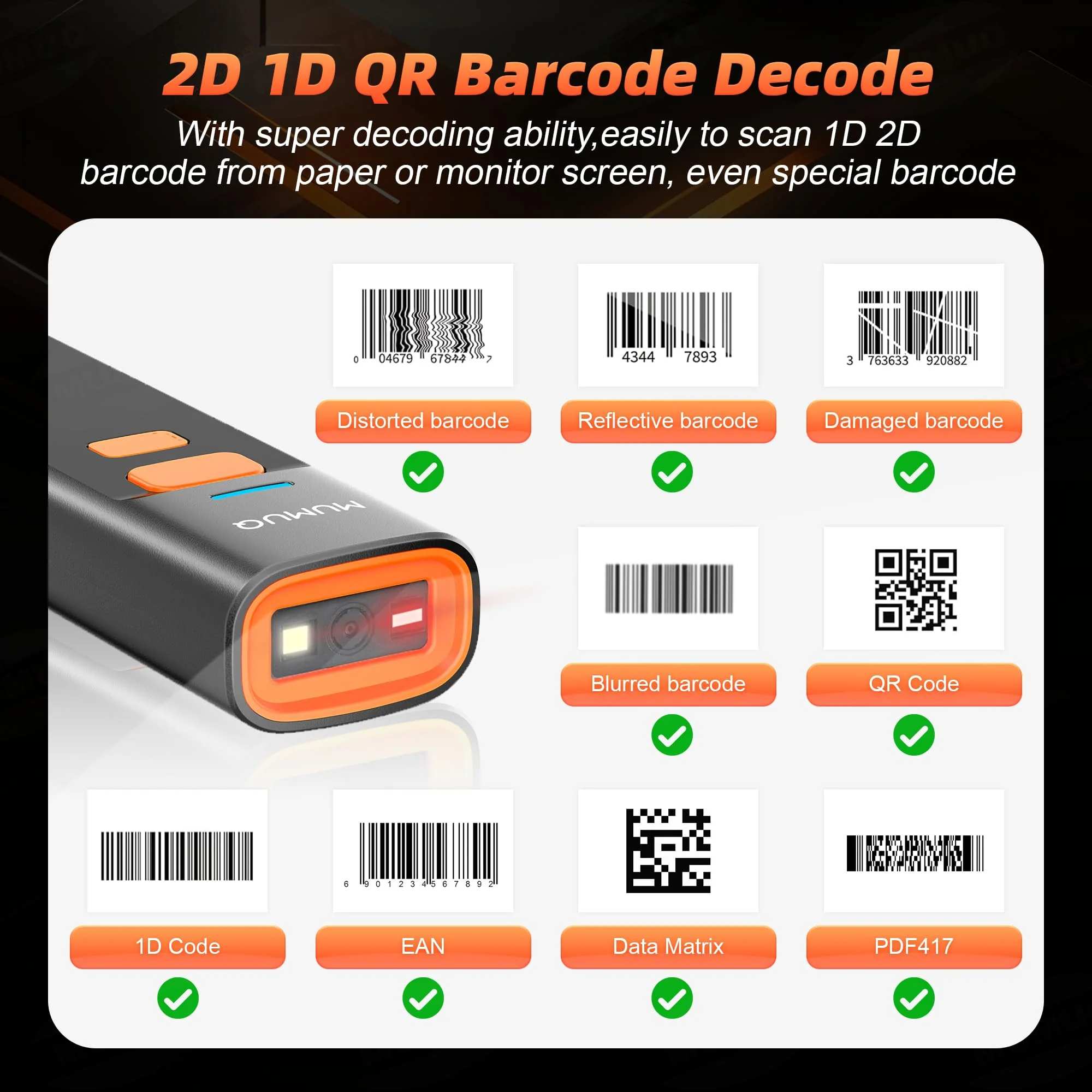 Wireless Barcode Scanner Mini Bluetooth 1D 2D QR Bar Code Scanner 3-in-1 Bluetooth & 2.4G & USB Wire Barcode Reader Compatible with Windows Android iOS Tablet PC (with Charging Dock) - Image 7