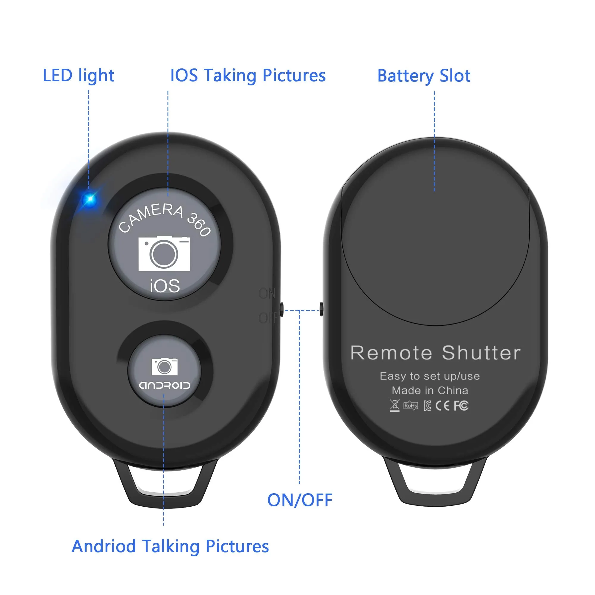Wireless Camera Remote Shutter for Smartphones (2 Pack), Zttopo Wireless Phone Camera Remote Control Compatible with iPhone/Android Cell Phone - Wrist Strap Included Black&Blue Black+Blue - Image 3