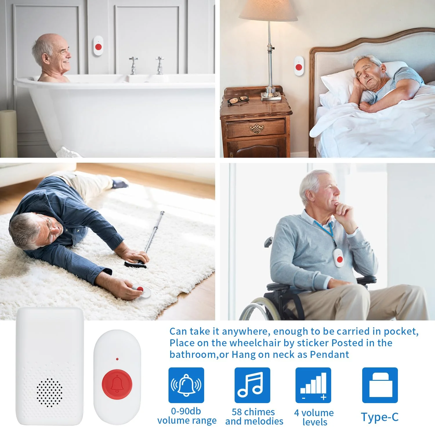 Wireless Caregiver Pager Nurse Alert System SOS Call Button Vibration Pager Nurse Calling Alert System with 58 Melodies 4 Adjust Volume Levels for Patients Seniors Elderly Monitoring at Home 2 Receiver 2 Call Button - Image 4