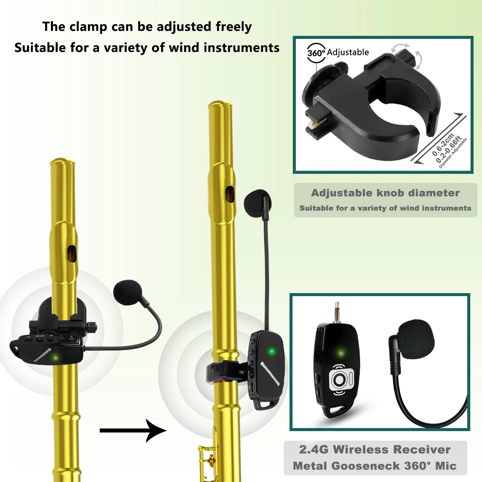 Wireless Flute Microphone for Instrument System: 2.4G Cordless Professional Mic Wind Music Instruments Microphone Receiver and Transmitter, 160ft Range for Flute, Piccolo, Clarinet - Image 2
