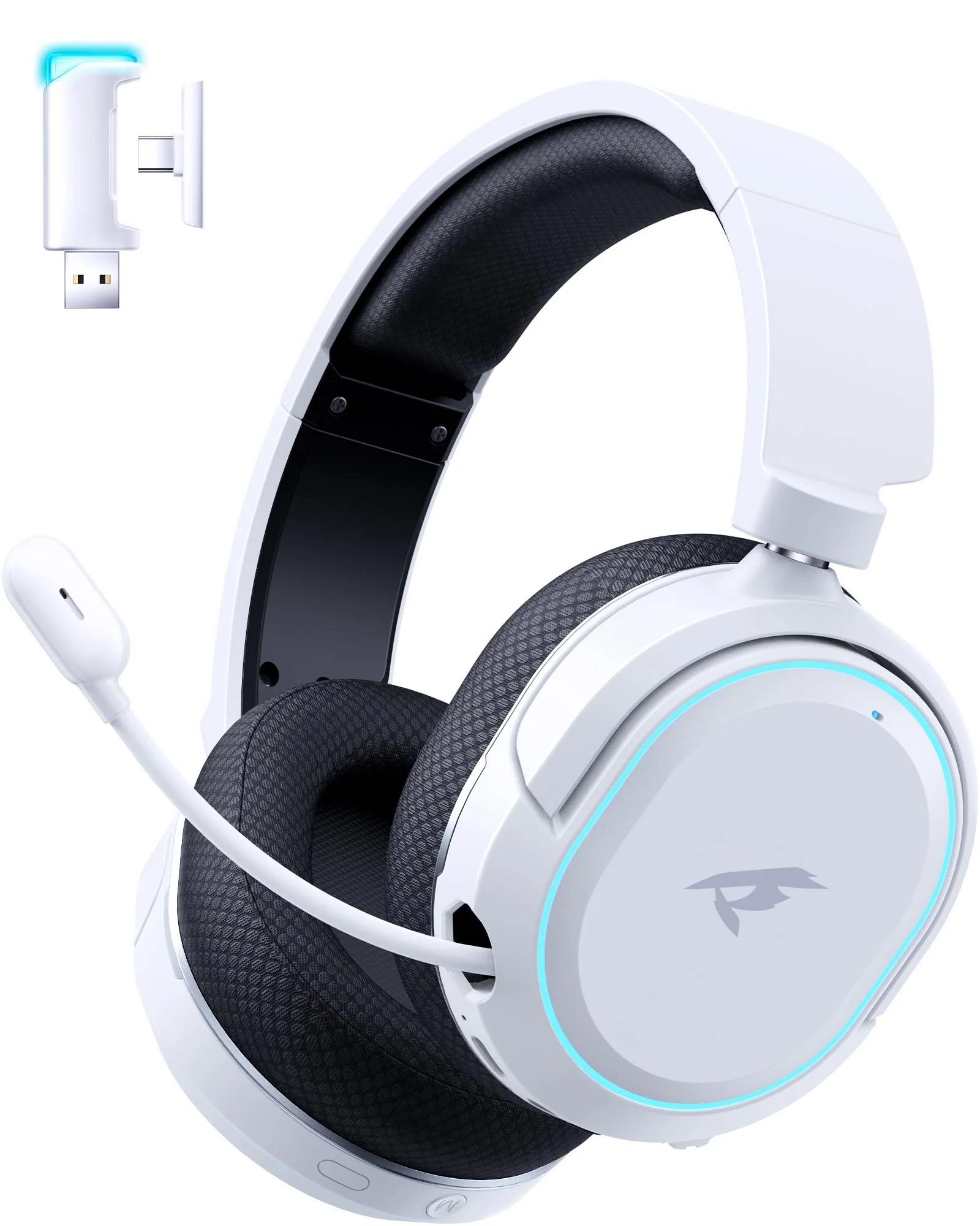 Wireless Gaming Headset, 7.1 Surround Sound, 2.4GHz USB Gaming Headphones with Bluetooth 5.4, 100H Battery, ENC Noise Canceling Mic, RGB Light, Wireless Headset for PC PS5 PS4 Mac Switch (Black-White) Black-White