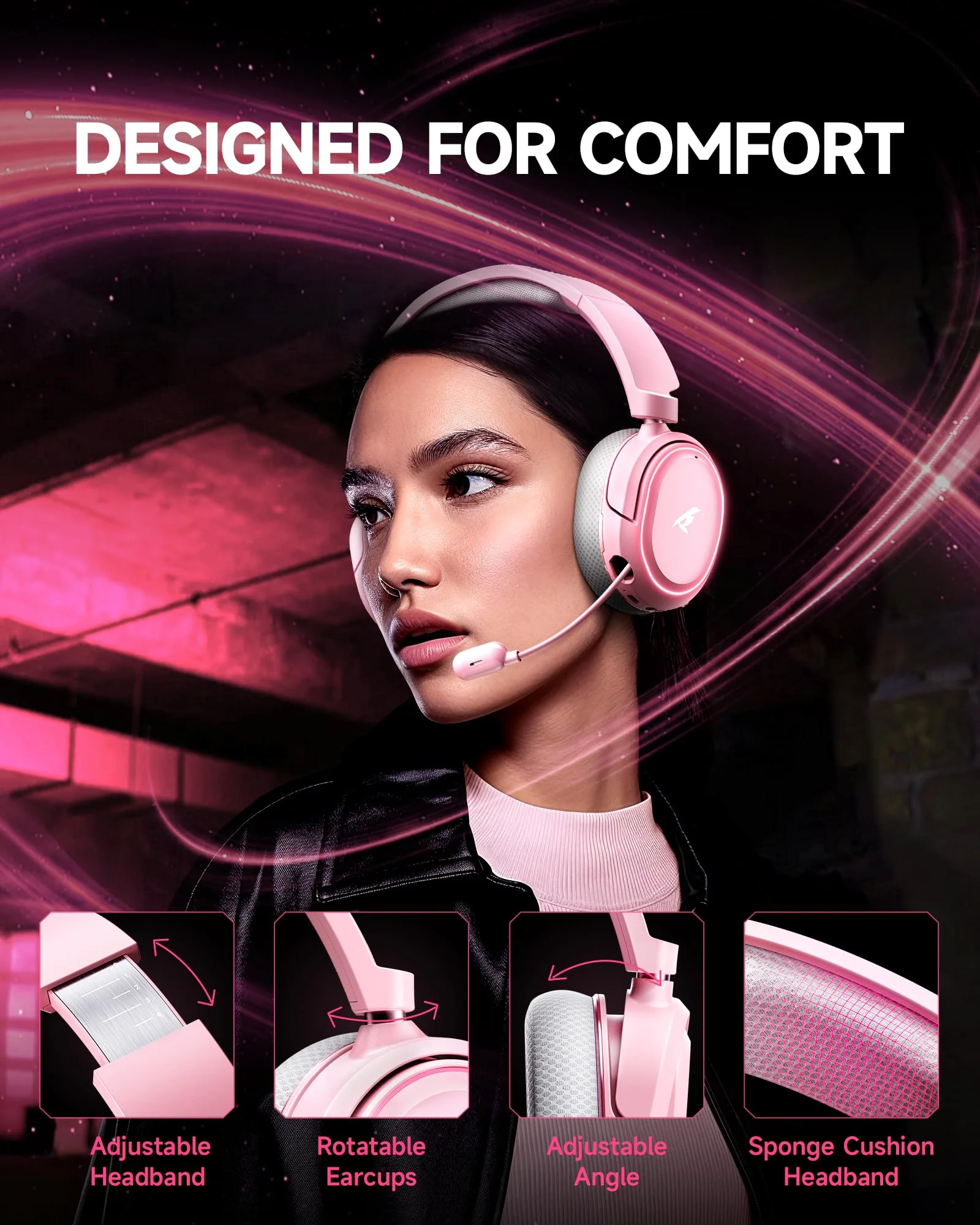 Wireless Gaming Headset, 7.1 Surround Sound, 2.4GHz USB Gaming Headphones with Bluetooth 5.4, 100H Battery, ENC Noise Canceling Mic, RGB Light, Wireless Headset for PC PS5 PS4 Mac Switch (Gray-Pink) White-Pink - Image 6