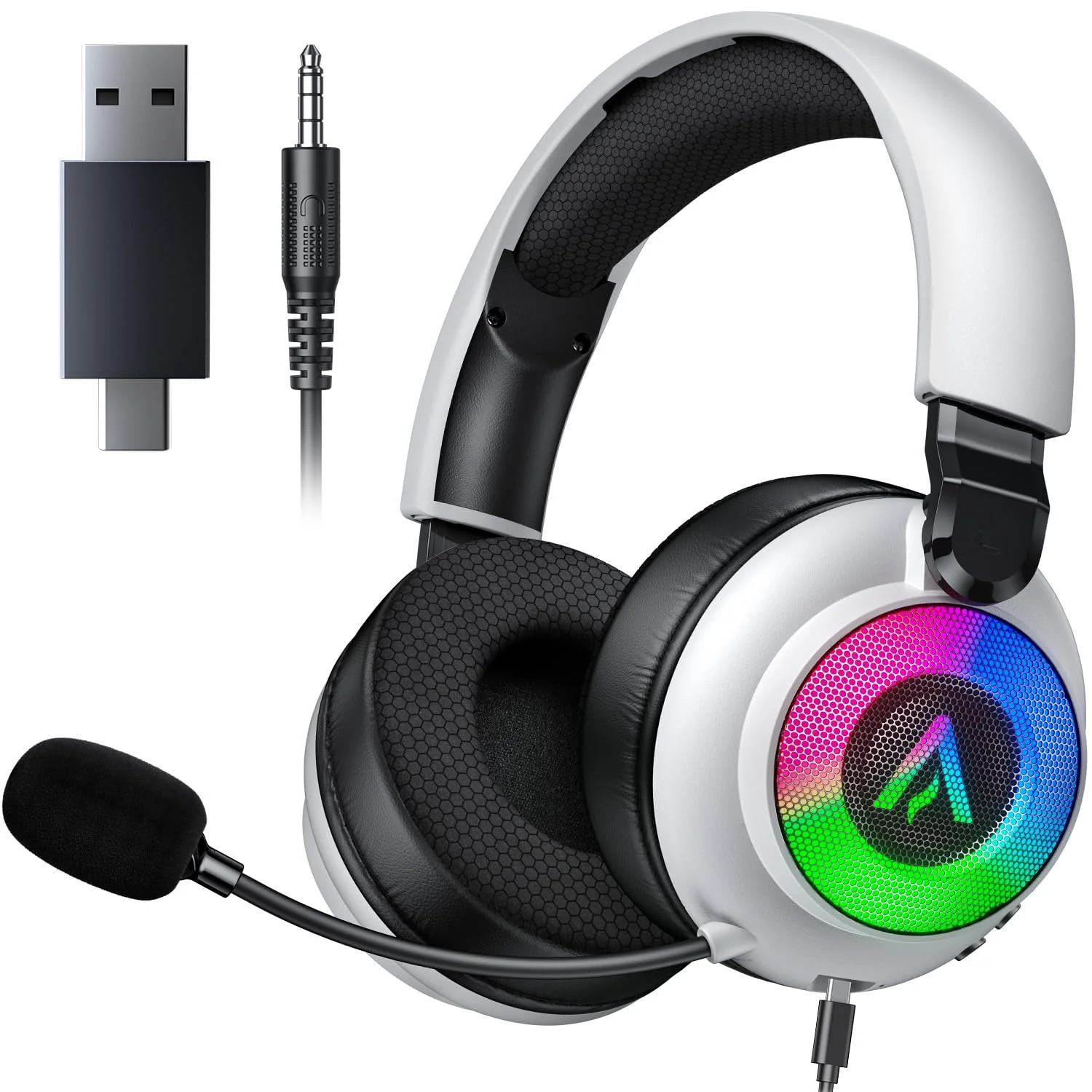 Wireless Gaming Headset for Ps5 Ps4 - 2.4GHz, Bluetooth, Wired, 7.1 Surround Sound, Noise Cancelling Mic, RGB Lights, 40H+ Battery, Lossless Audio, Comfy Over Ear Headphones for PC, Switch, Xbox, Mac White
