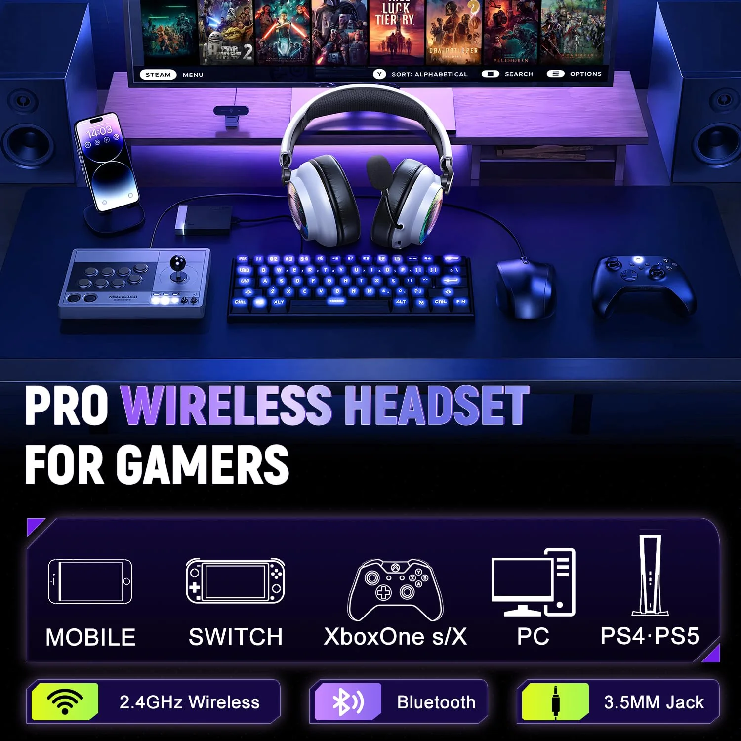 Wireless Gaming Headset for Ps5 Ps4 - 2.4GHz, Bluetooth, Wired, 7.1 Surround Sound, Noise Cancelling Mic, RGB Lights, 40H+ Battery, Lossless Audio, Comfy Over Ear Headphones for PC, Switch, Xbox, Mac White - Image 7