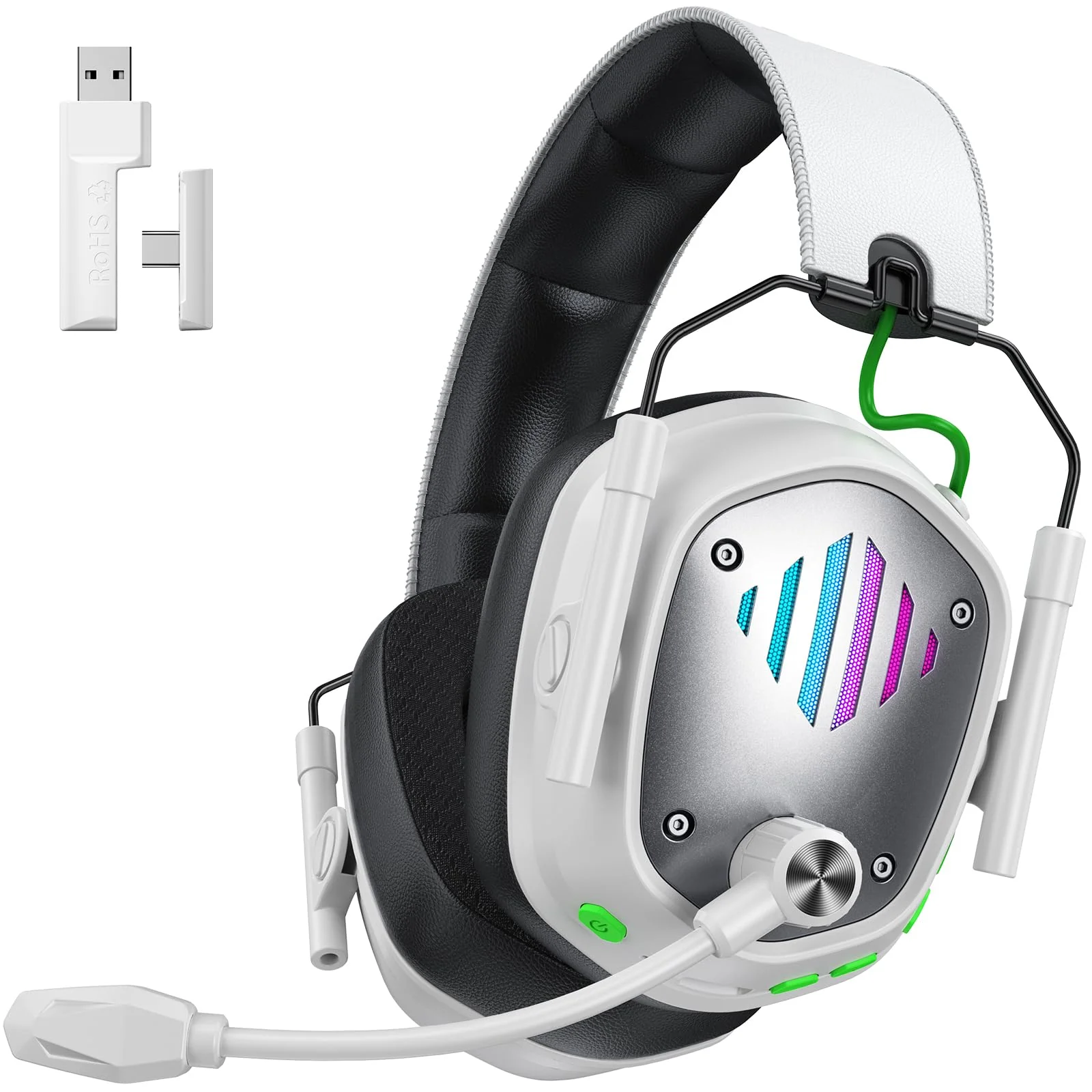 Wireless Gaming Headset for PS5, PS4, PC, Laptop, Mac & Switch, Dual Low-Latency 2.4GHz USB/Type-C & BT 5.4, ENC Noise-Canceling Mic, 3D Stereo Sound, RGB Lighting, 48H Battery Pure White