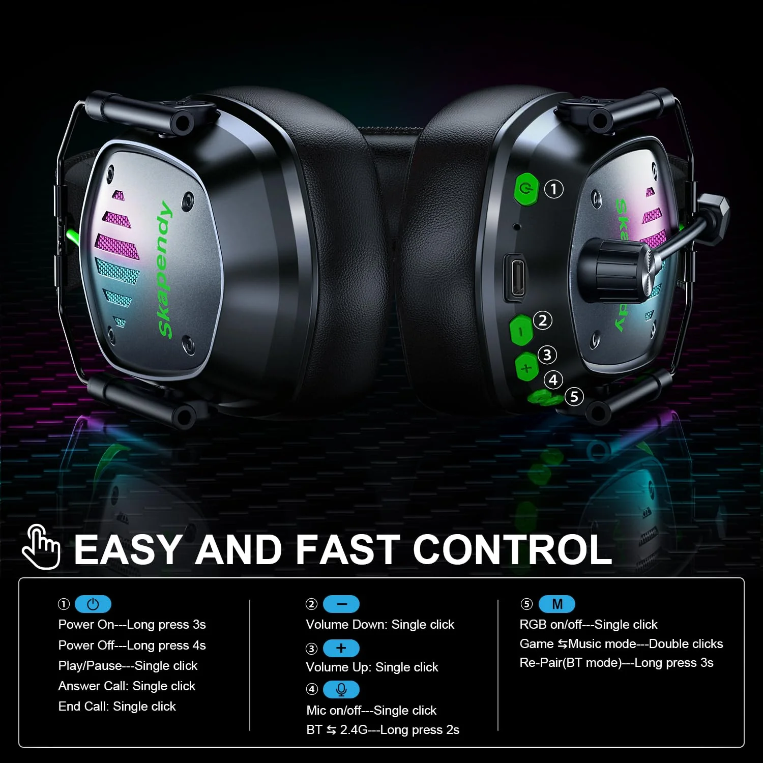 Wireless Gaming Headset for PS5, PS4, PC, Switch – 2.4GHz & Bluetooth Headphones with Mic, 20ms Low Latency, 3D Stereo Sound, ENC Noise Canceling, RGB Lighting, 50H Battery Life Graphite Black - Image 8