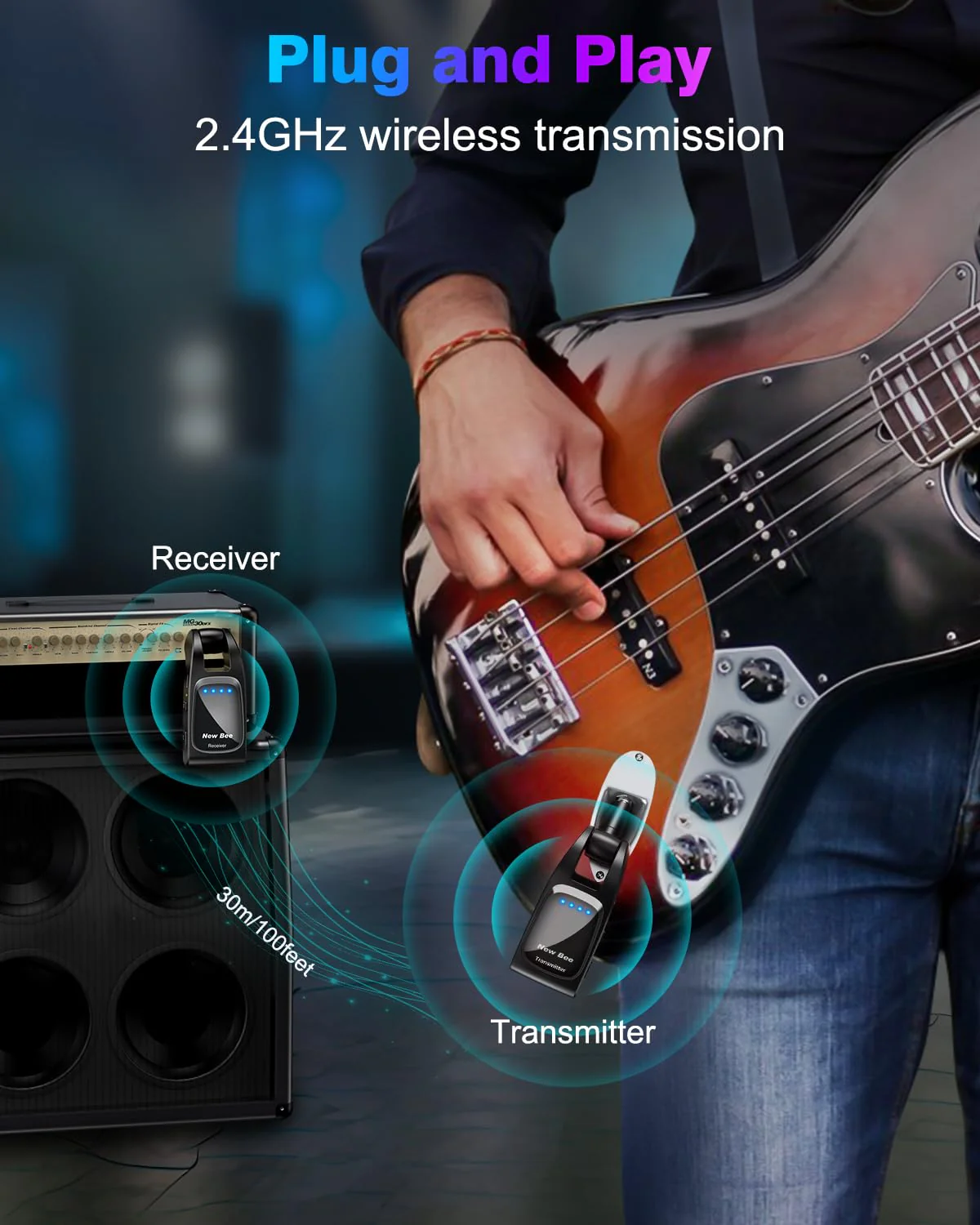 Wireless Guitar System 2.4 GHz with 6 Channels Rechargeable Audio Wireless Guitar Transmitter Receiver for Bass Electric Instruments Black - Image 8