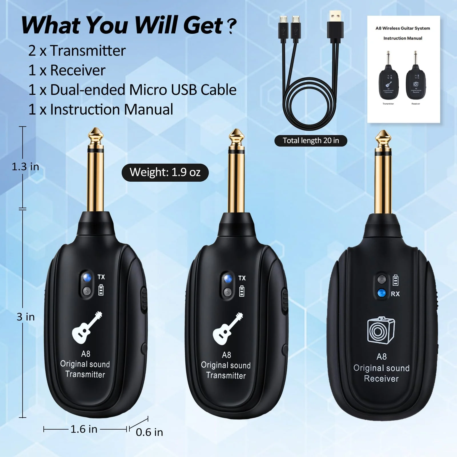 Wireless Guitar System UHF 2 Modes, Rechargeable Li-Battery, 100ft Range, Plug & Play for Guitar, Bass, Violin, Keyboard - Black (2TX + 1RX) A8-2 - Image 9