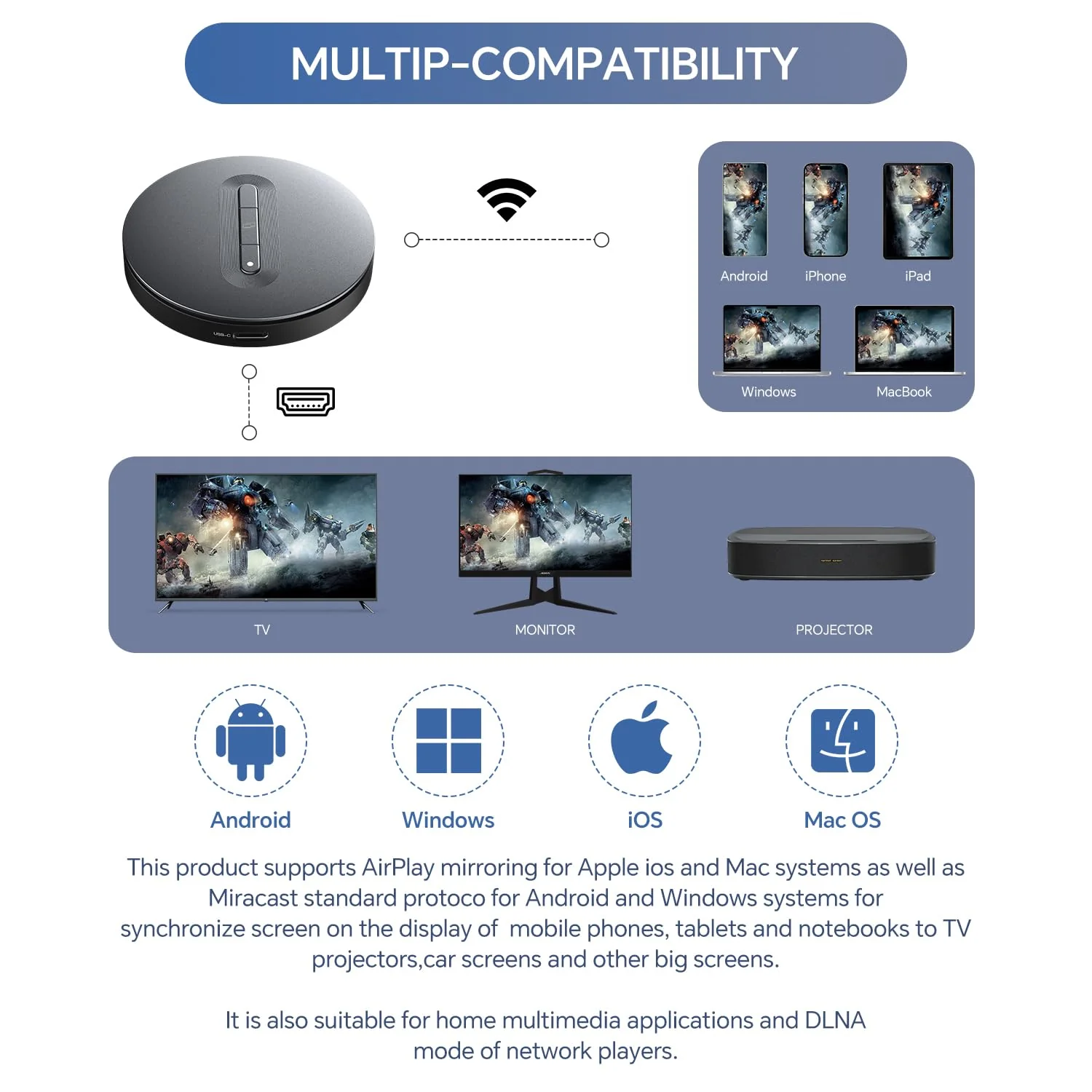 Wireless HDMI Display Dongle Adapter – Miracast Dongle, DLNA, AirPlay - Plug & Play Video/Audio Streaming from Laptop, PC, Smartphone to HDTV, Projector, Monitor - Image 4