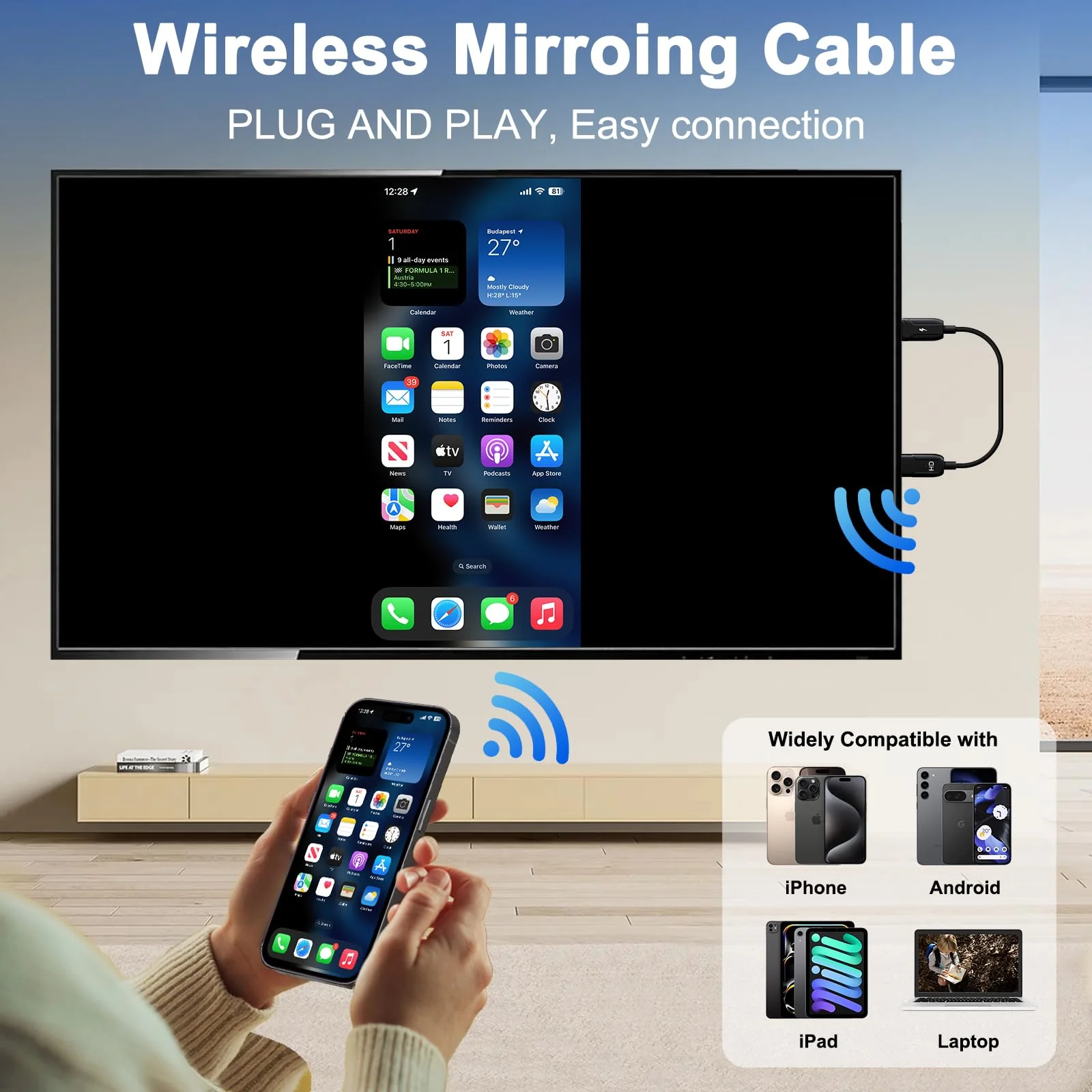 Wireless HDMI Mirroing Adapter/Cable/dongle,Streaming Stick,Wireless Display Adapter Extender Streaming Video/Audio to TV/Projector/Monitor,Suitable for iPhone/iPad/MacBook/Smartphone/Notebook Black - Image 9