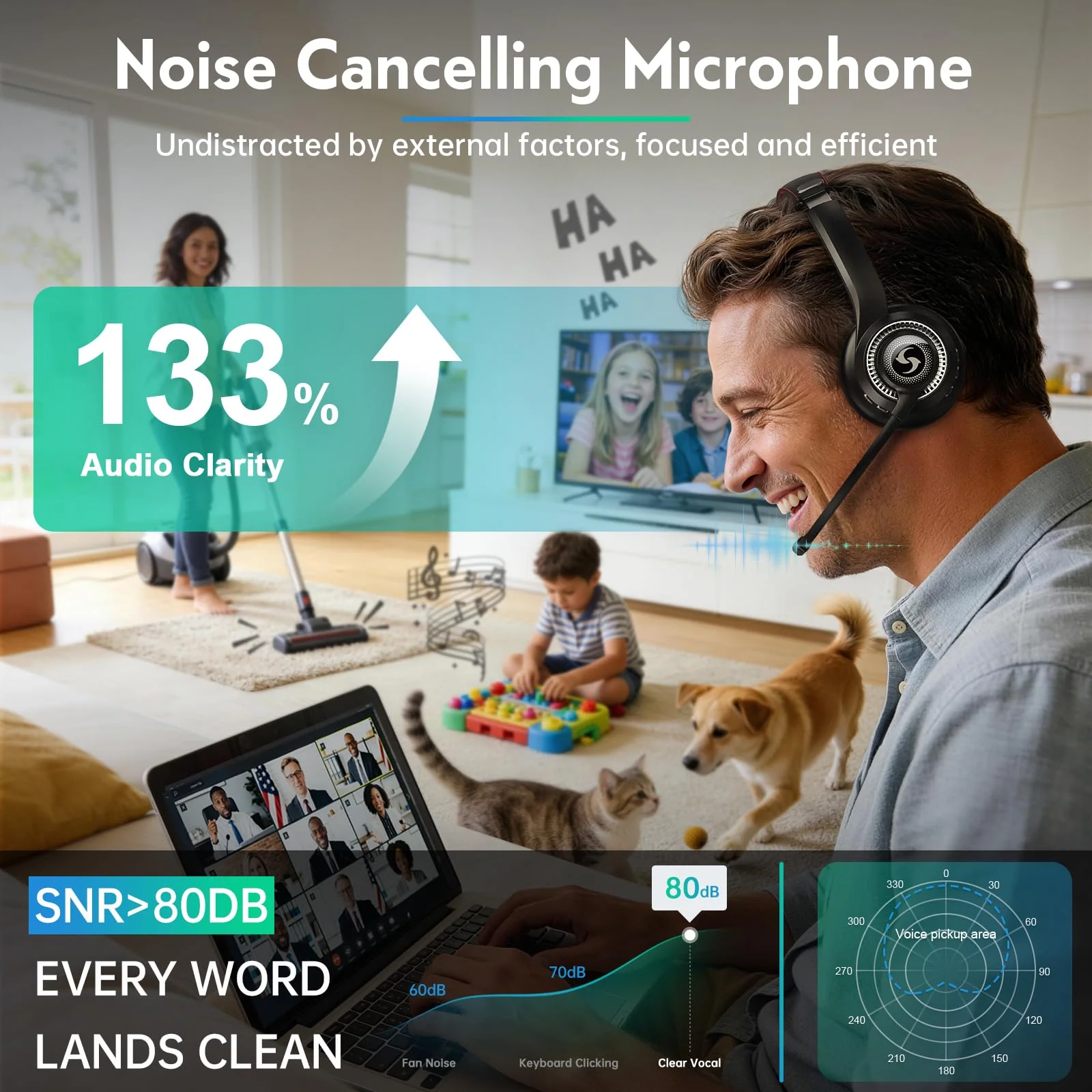 Wireless Headset with Mic for Work, Dual-Mode Connectivity, Stable 50+ Playtime& 2.4GHz Dongle Fit for PC/ PS4/ PS5/ Cell Phones, Bluetooth Headset for Work- Call Center/Teams- Black - Image 2