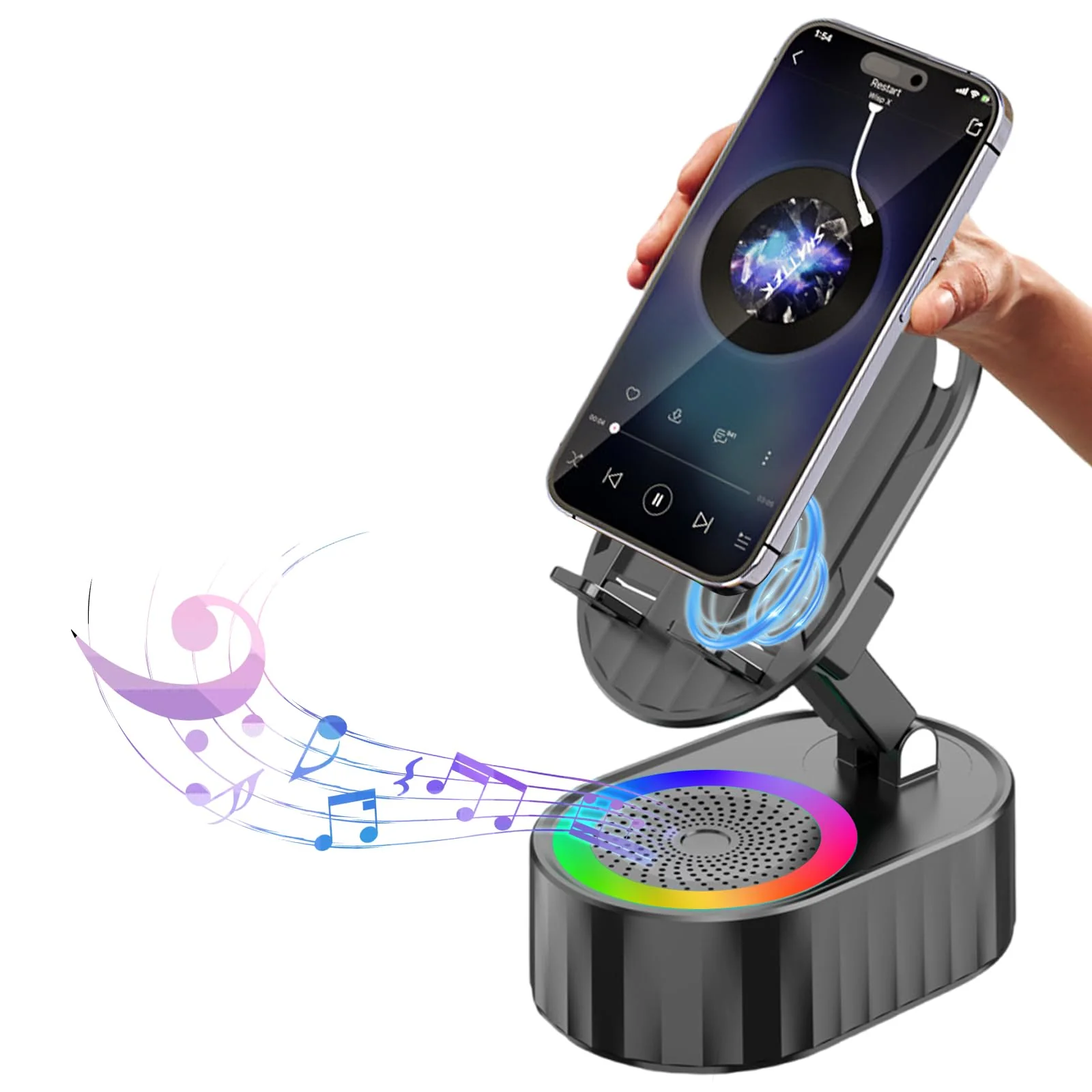 Wireless Induction Audio Bluetooth Speaker 5in1 Phone Holder Emergency Rechargeable (3000mAh) with Colorful Ambient Light 300° Foldable for Tablet iPhone Android, Gifts for Men Women (Black) Black